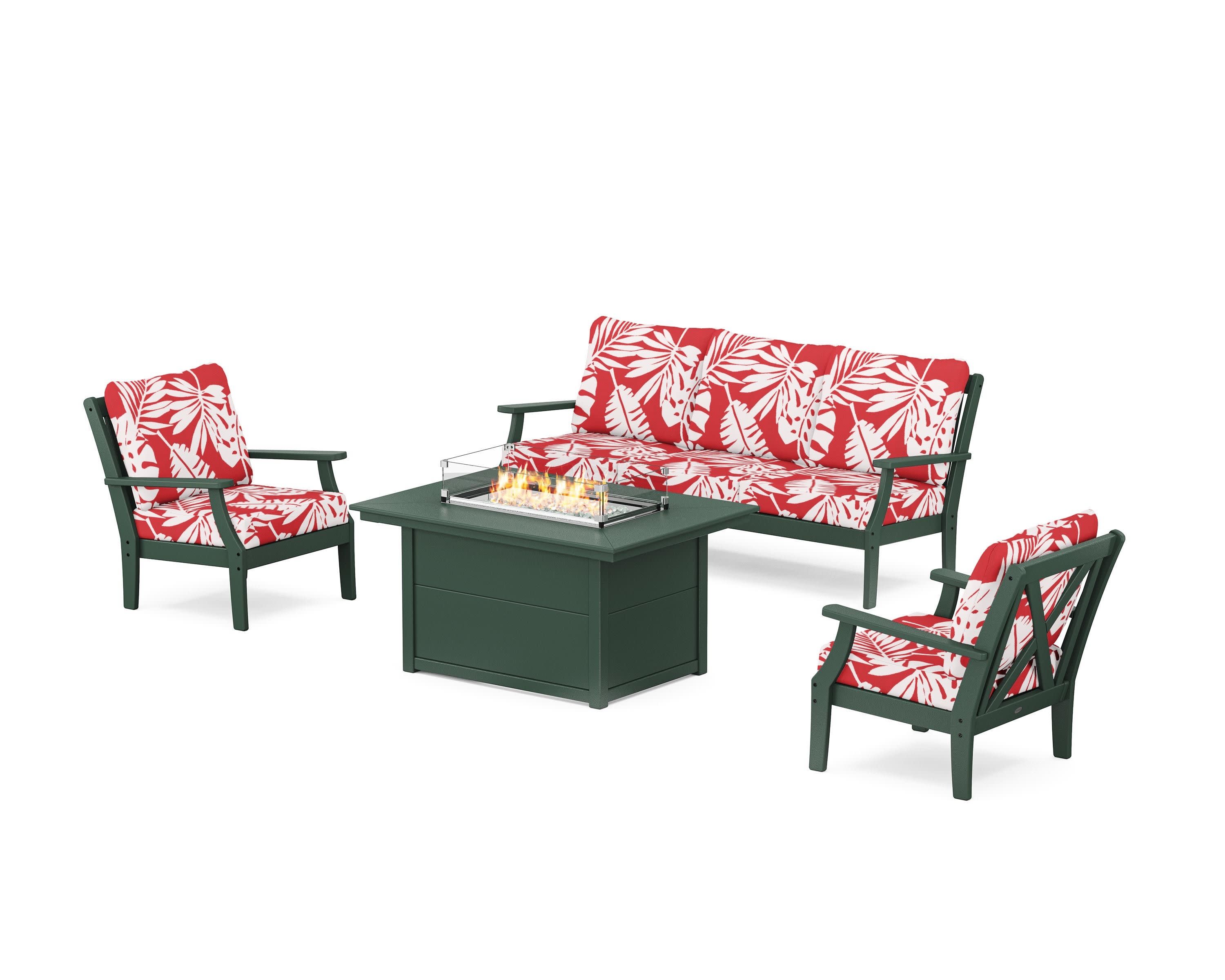 Braxton Deep Seating Fire Pit Table Set in Green / Leaf Crimson