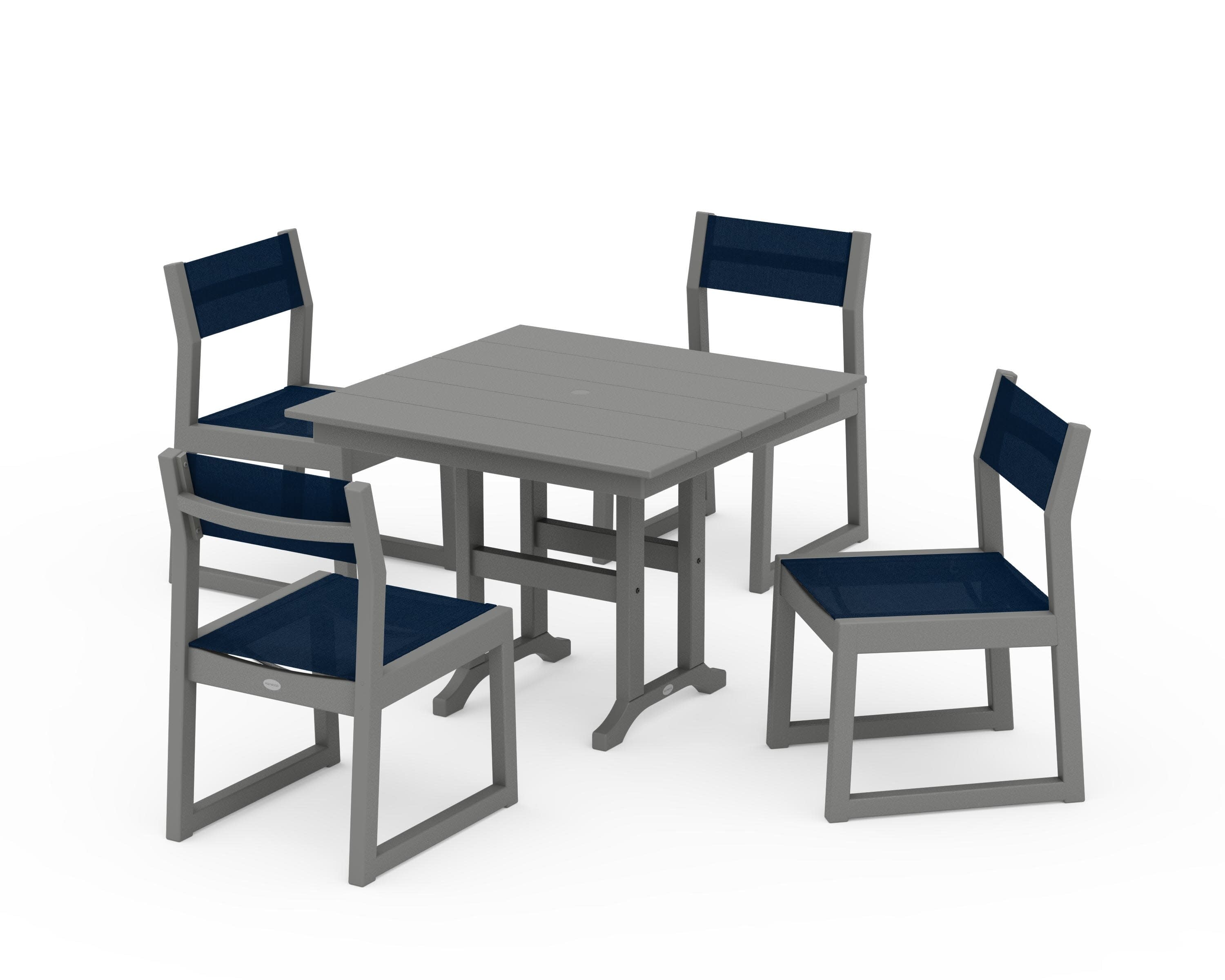 EDGE Sling Side Chair 5-Piece Farmhouse Dining Set in Slate Grey / Navy Blue Sling