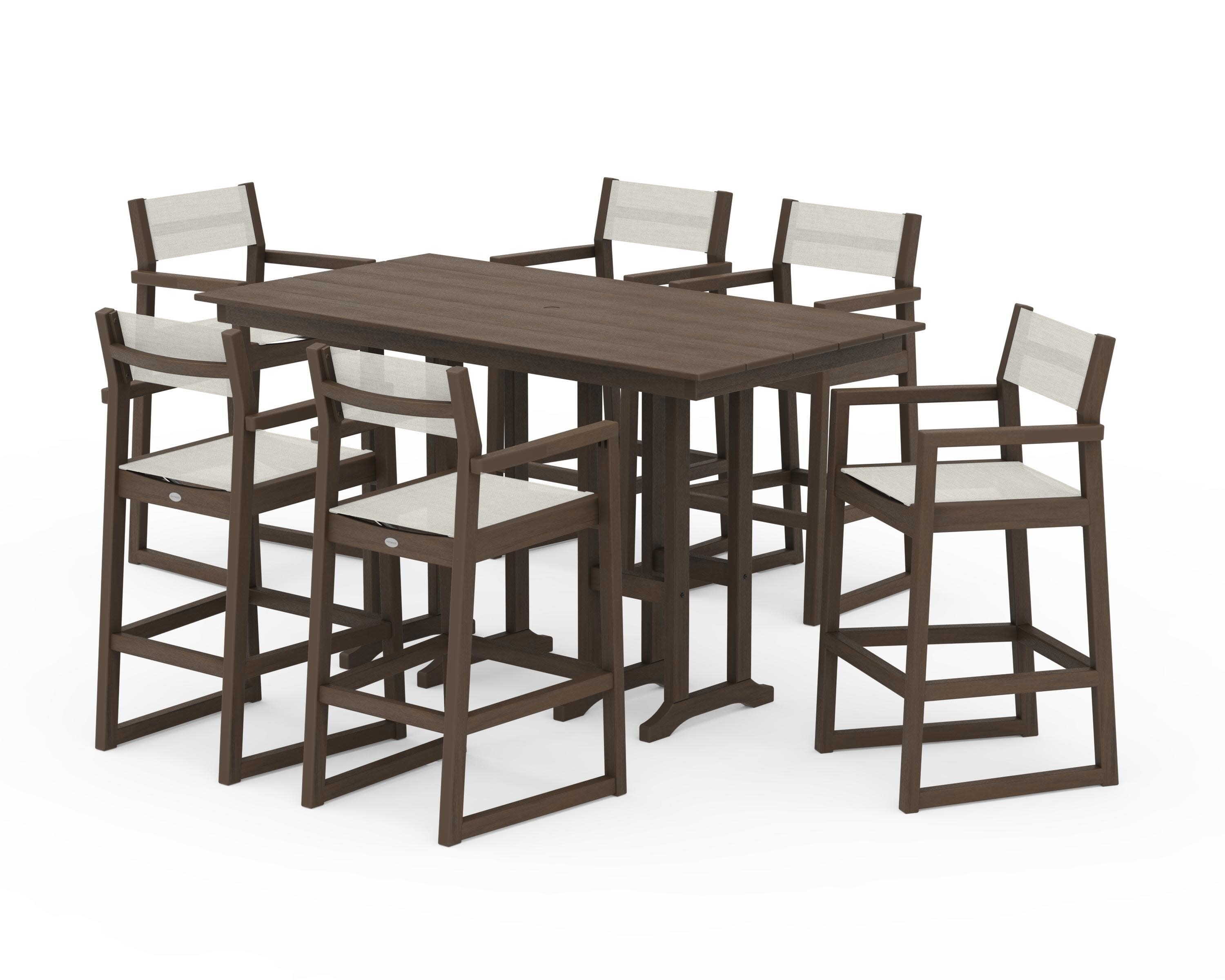 EDGE Sling Arm Chair 7-Piece Farmhouse Bar Set in Kona / Parchment Sling
