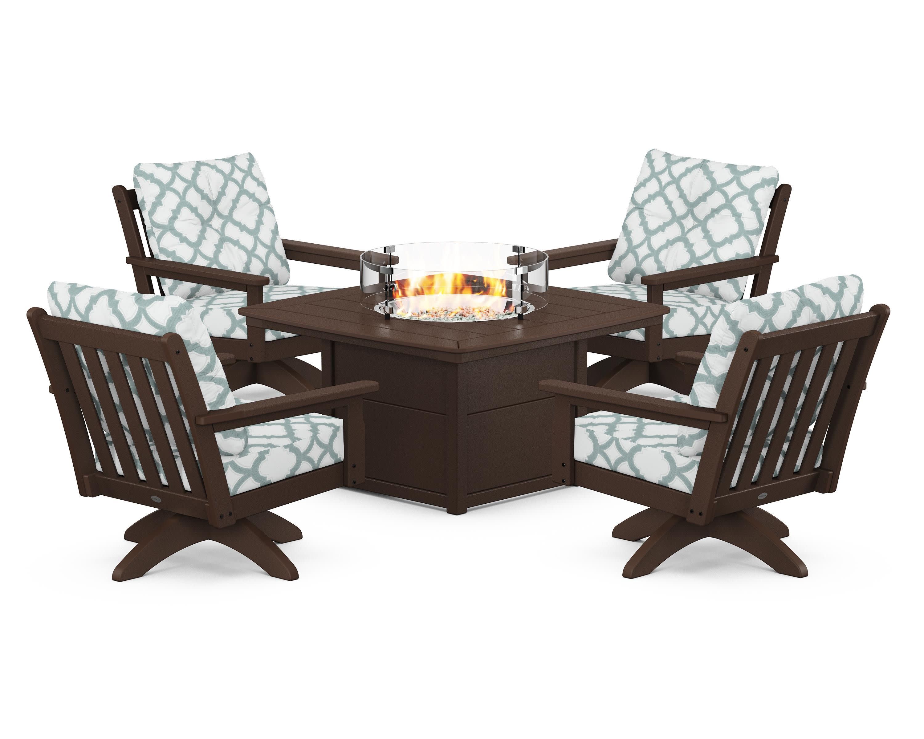 Vineyard 5-Piece Deep Seating Swivel Conversation Set with Fire Pit Table in Mahogany / Trellis Glacier Spa