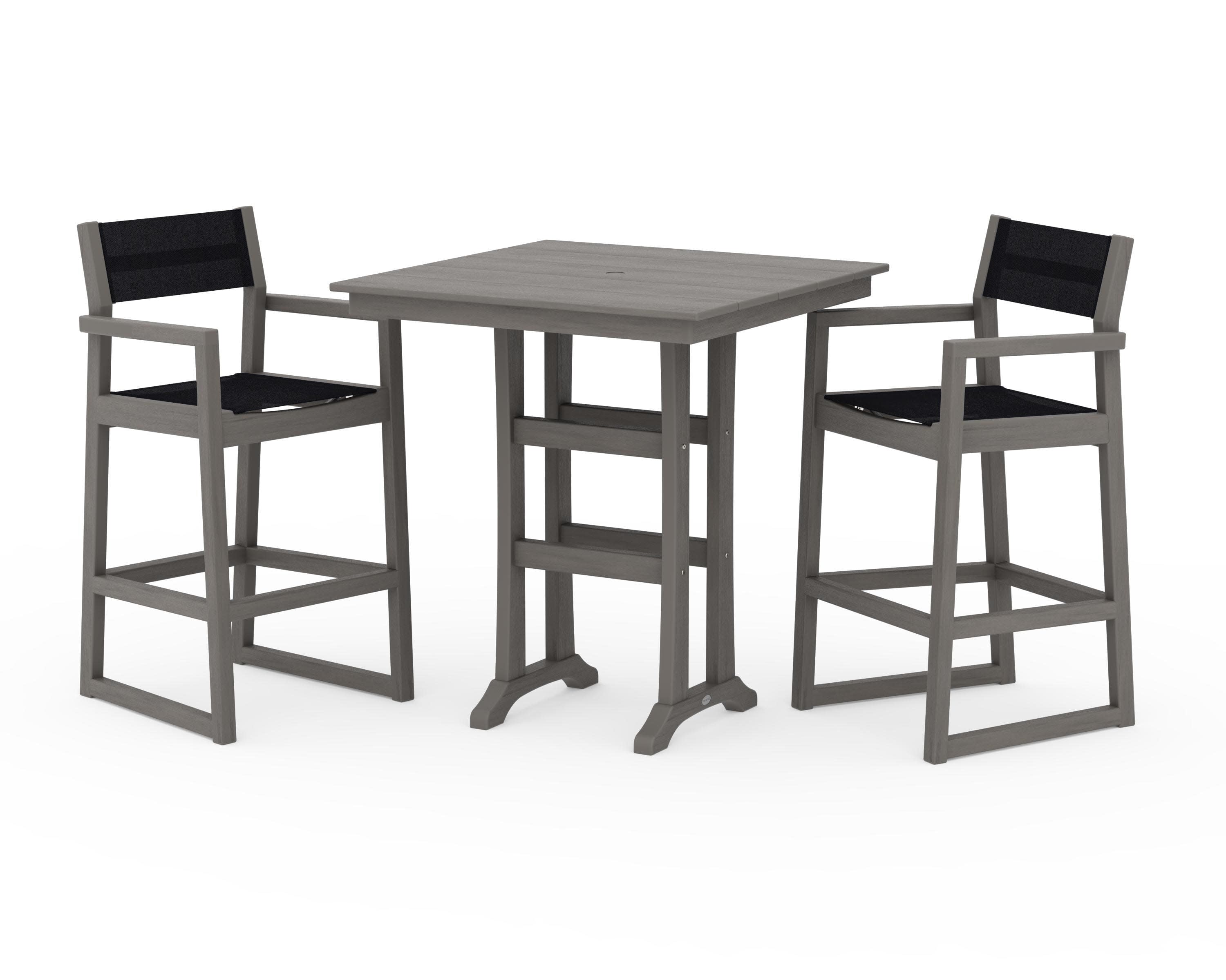 EDGE Sling Arm Chair 3-Piece Farmhouse Bar Set with Trestle Legs in Driftwood / Black Sling