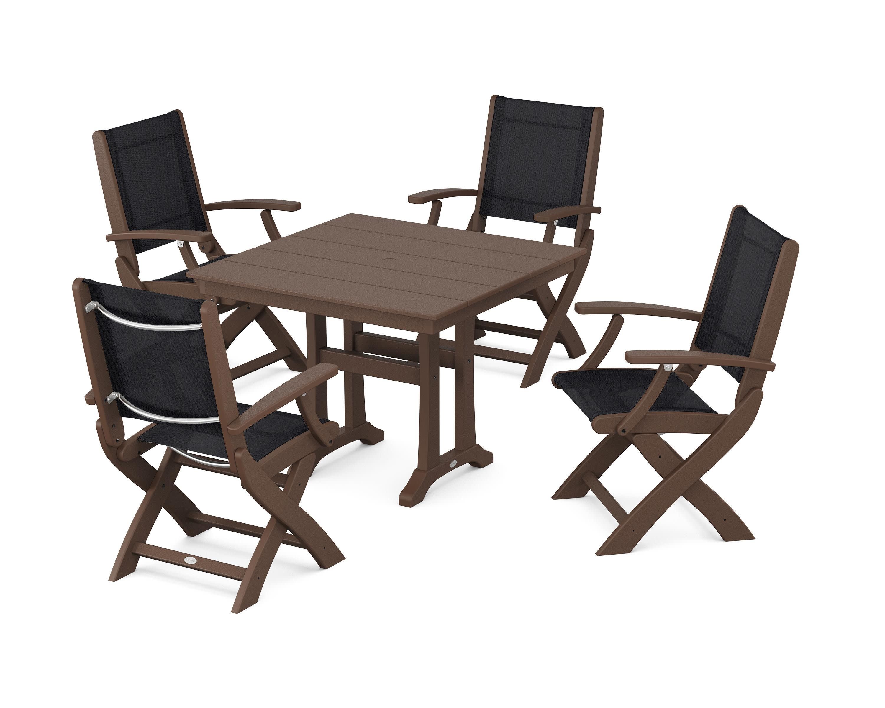 Coastal Folding Chair 5-Piece Farmhouse Dining Set With Trestle Legs in Mahogany / Black Sling