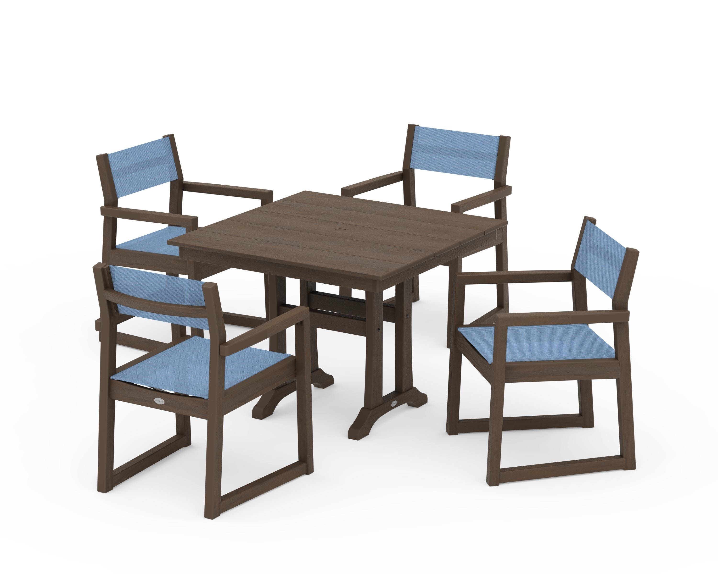 EDGE Sling 5-Piece Farmhouse Dining Set with Trestle Legs in Kona / Poolside Sling