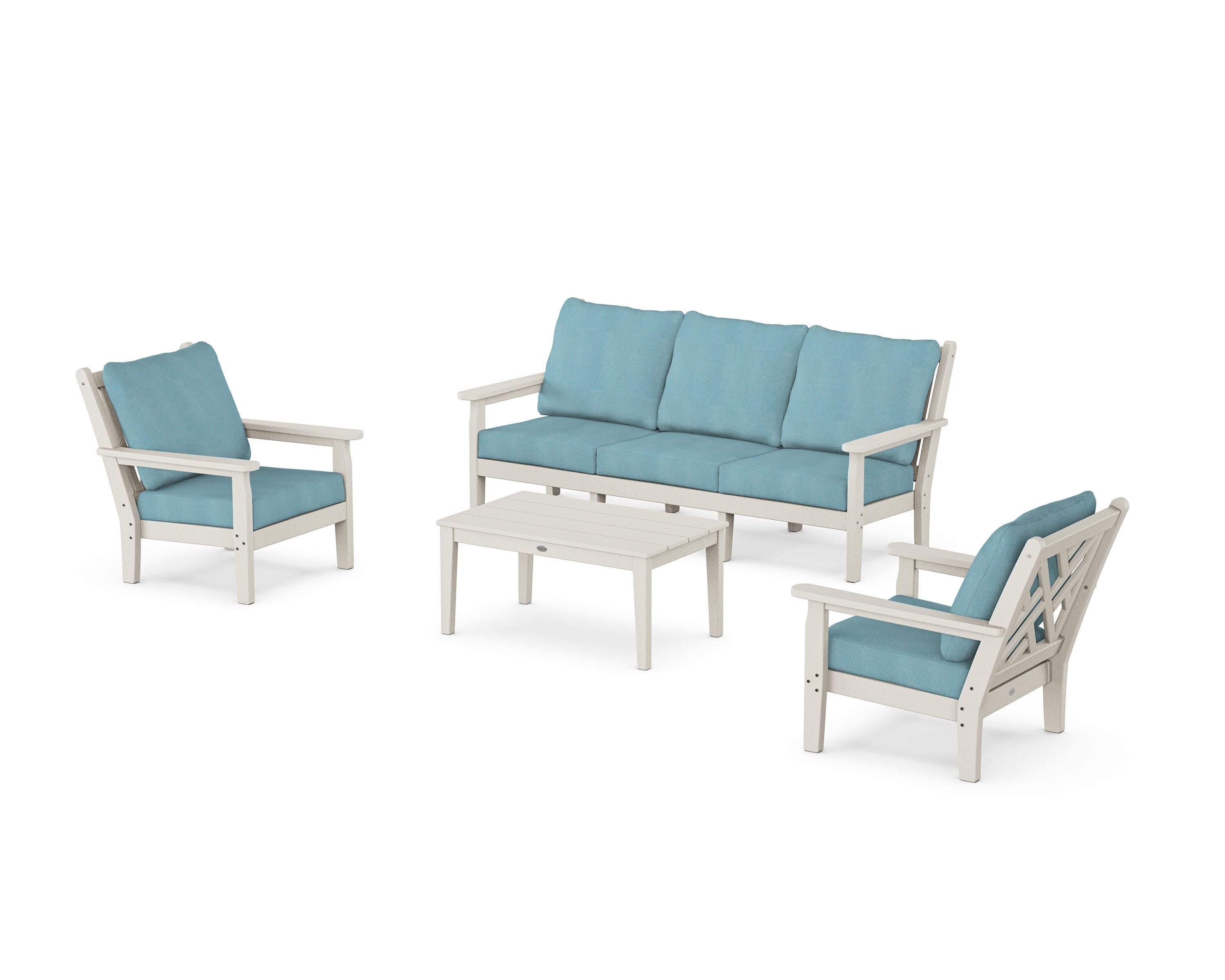 Chippendale 4-Piece Deep Seating Set with Sofa in Sand / Lattice Sky Blue