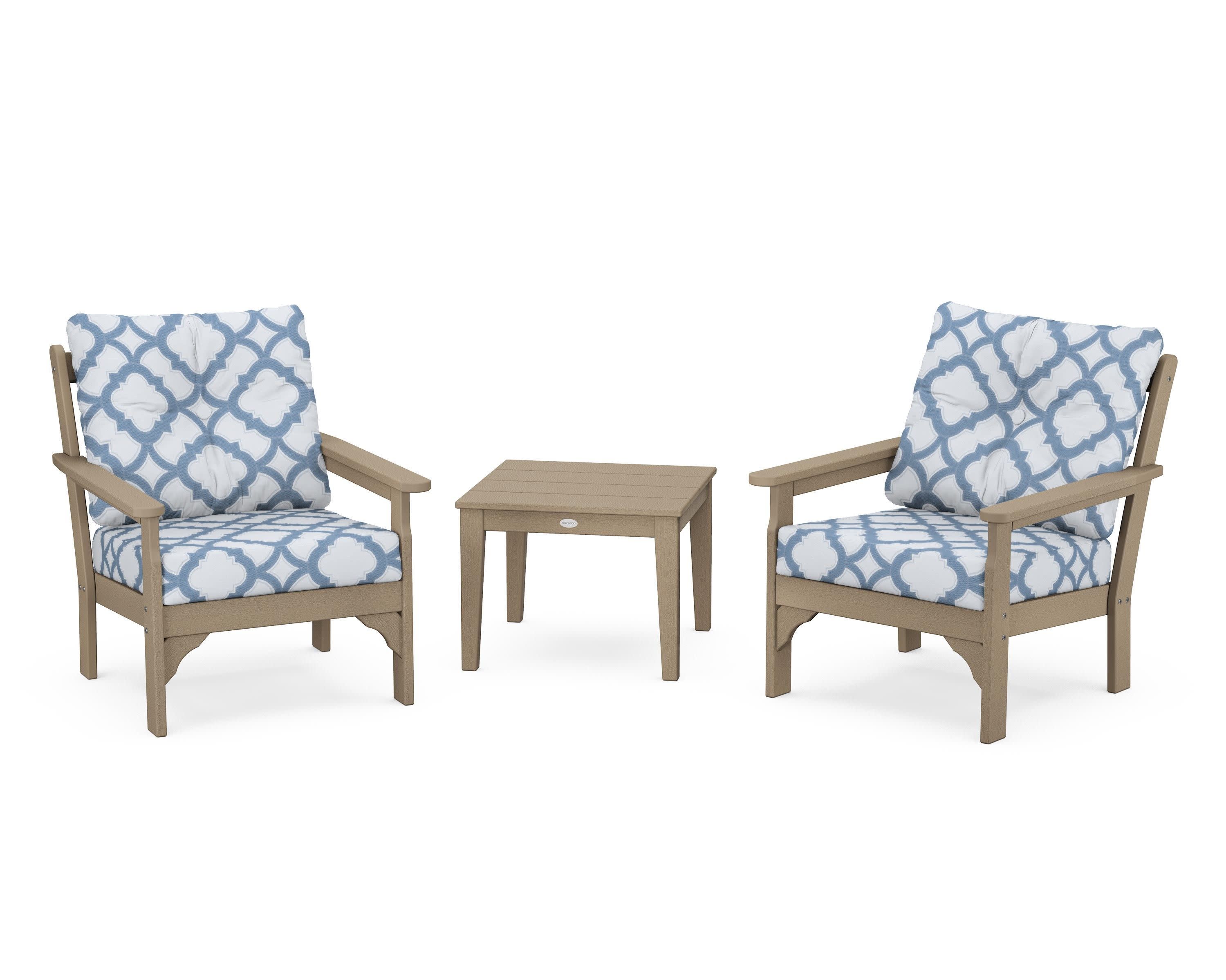 Vineyard 3-Piece Deep Seating Set in Vintage Sahara / Trellis Sky Blue