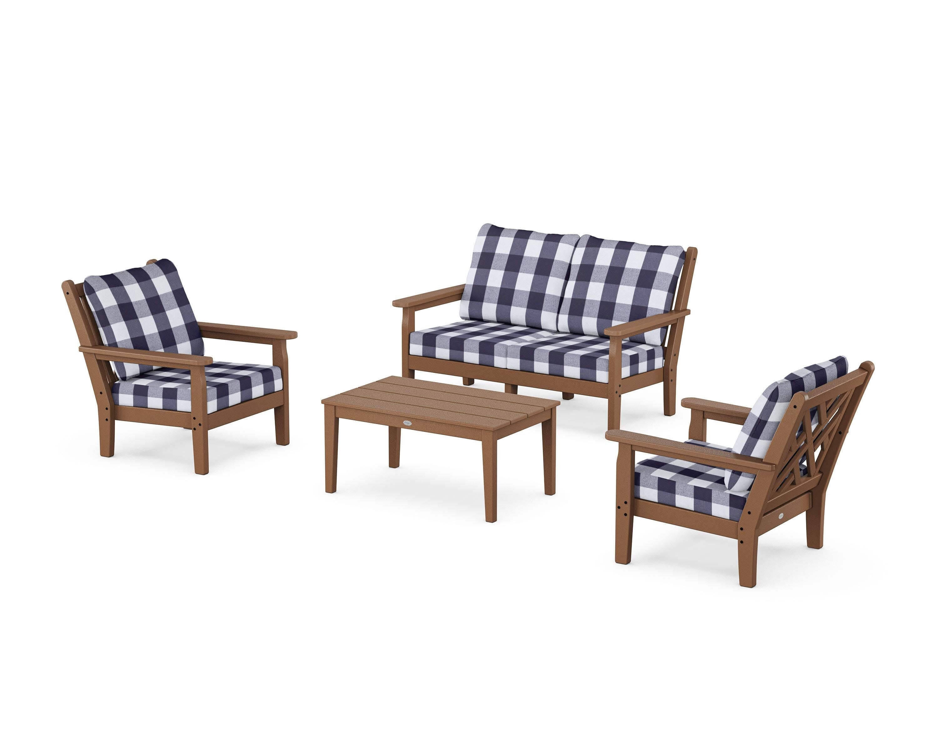 Chippendale 4-Piece Deep Seating Set with Loveseat in Teak / Buffalo Plaid Navy