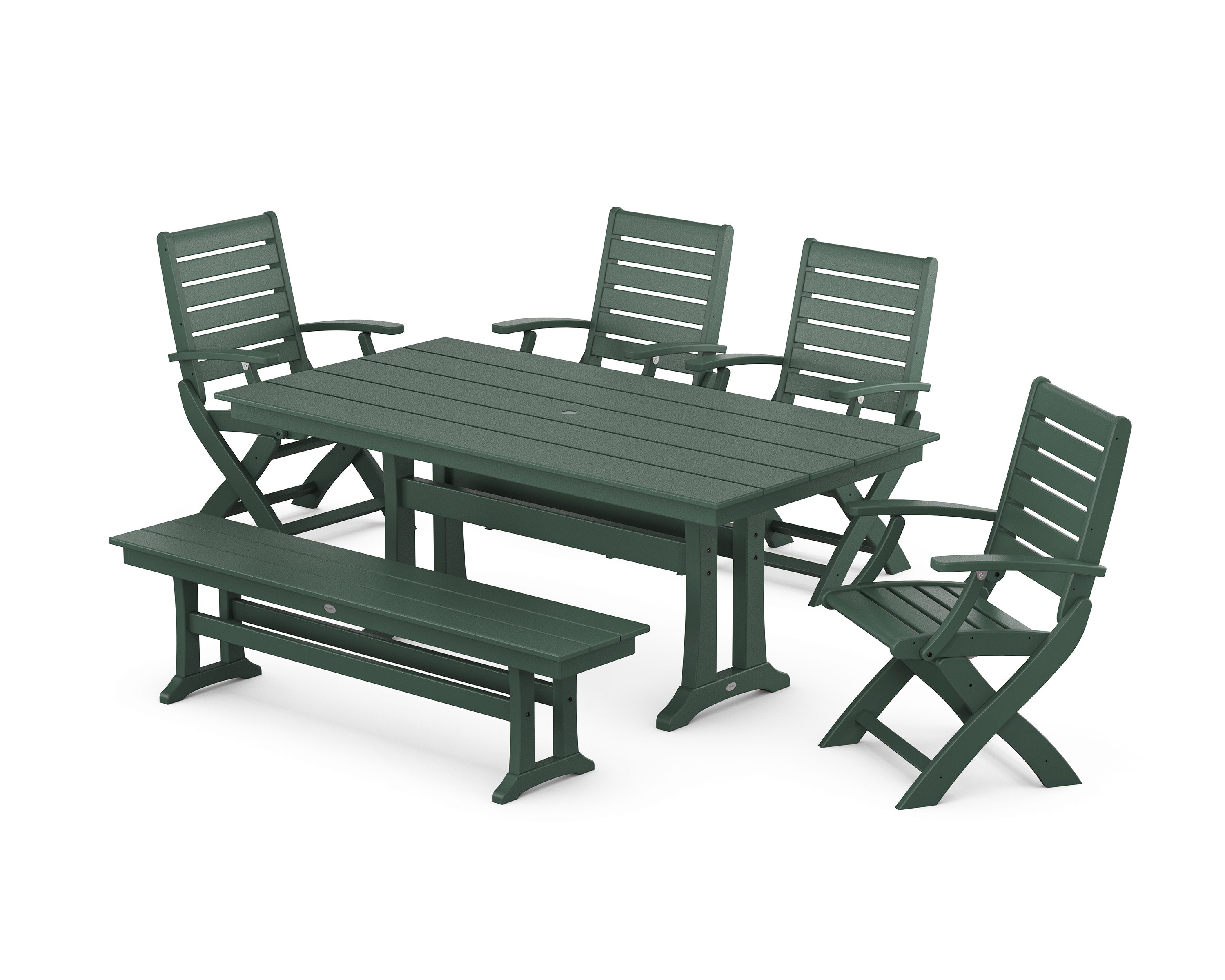 Signature Folding Chair 6-Piece Farmhouse Dining Set with Trestle Legs and Bench in Green