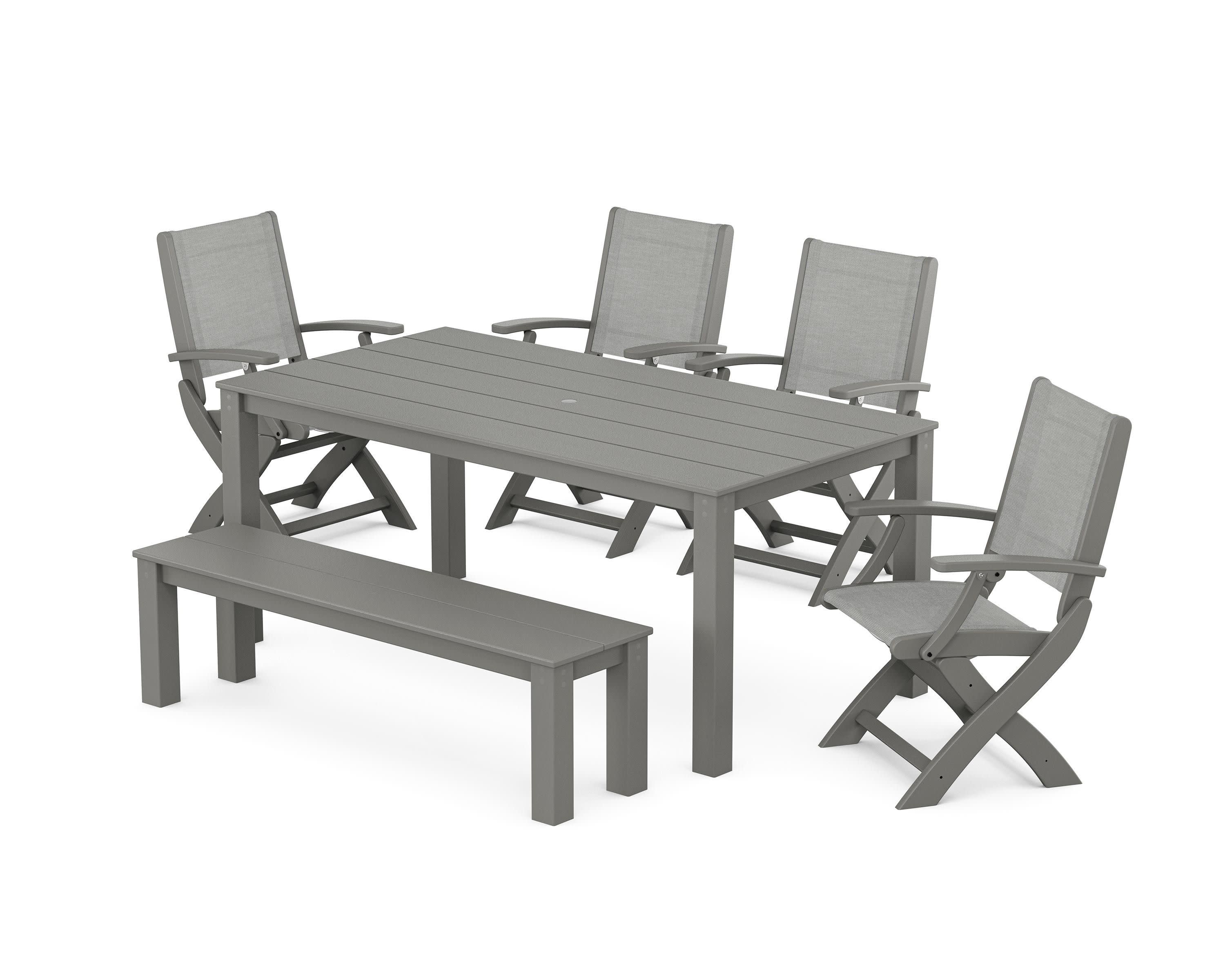 Coastal Folding Chair 6-Piece Parsons Dining Set with Bench in Slate Grey / Metallic Sling