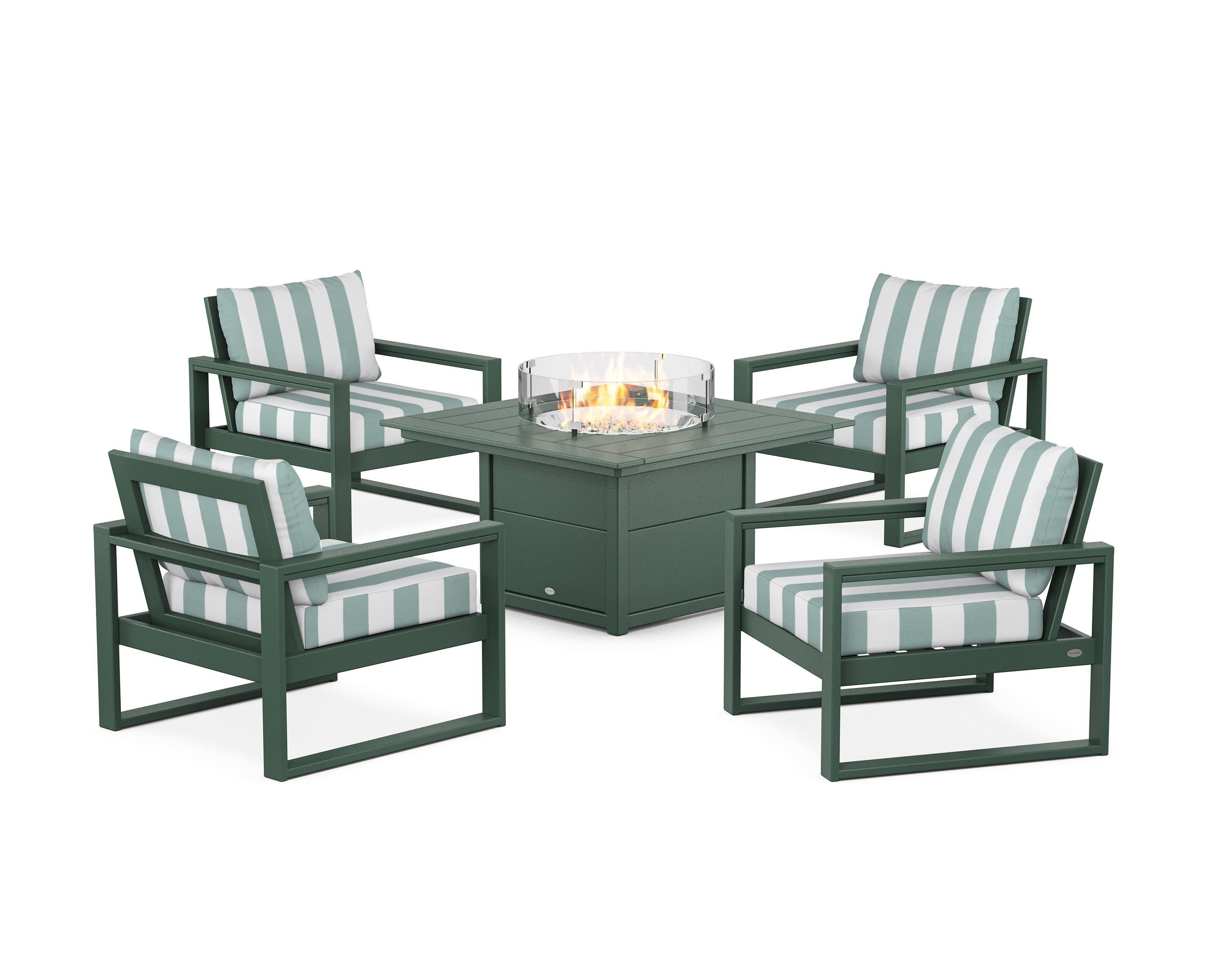 EDGE Sectional 5-Piece Deep Seating Set with Fire Pit Table in Green / Cabana Stripe Glacier Spa