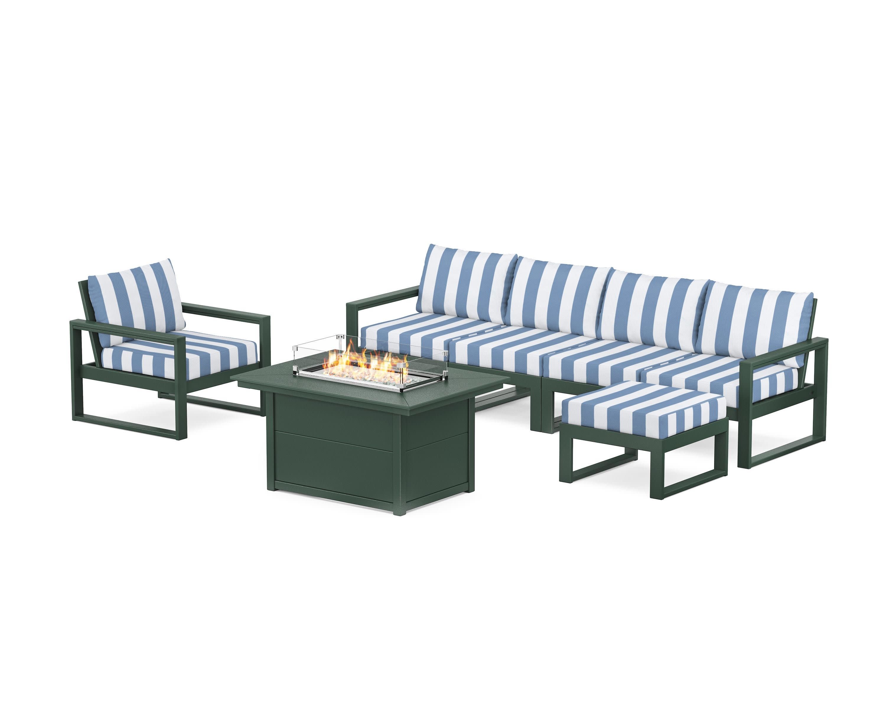 EDGE Sectional Lounge and Fire Pit Set in Green / Cabana Stripe Sky Blue