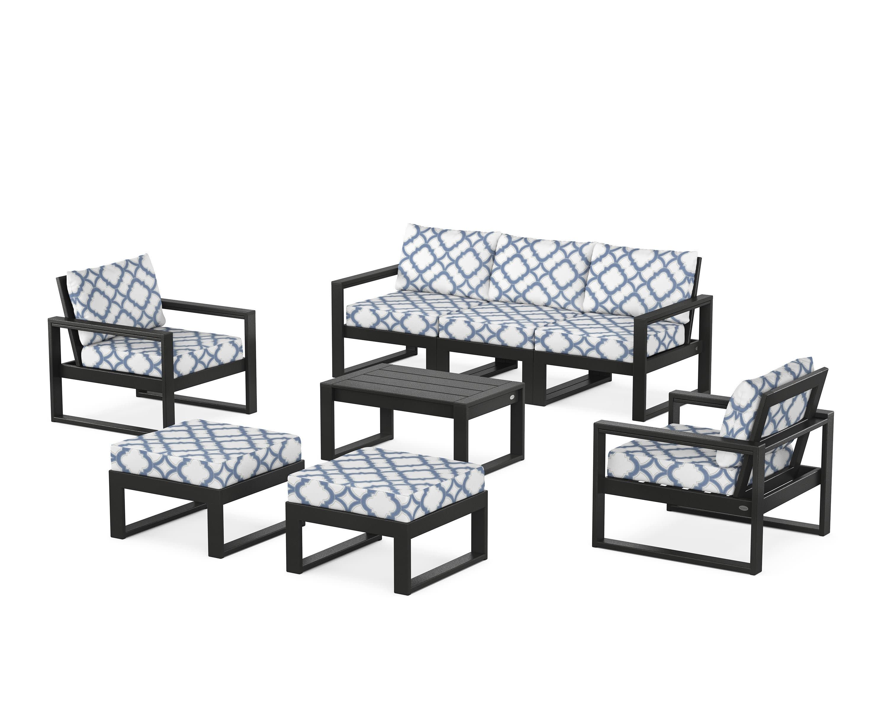 EDGE Sectional 8-Piece Lounge Sofa Set in Black / Trellis Sky Blue