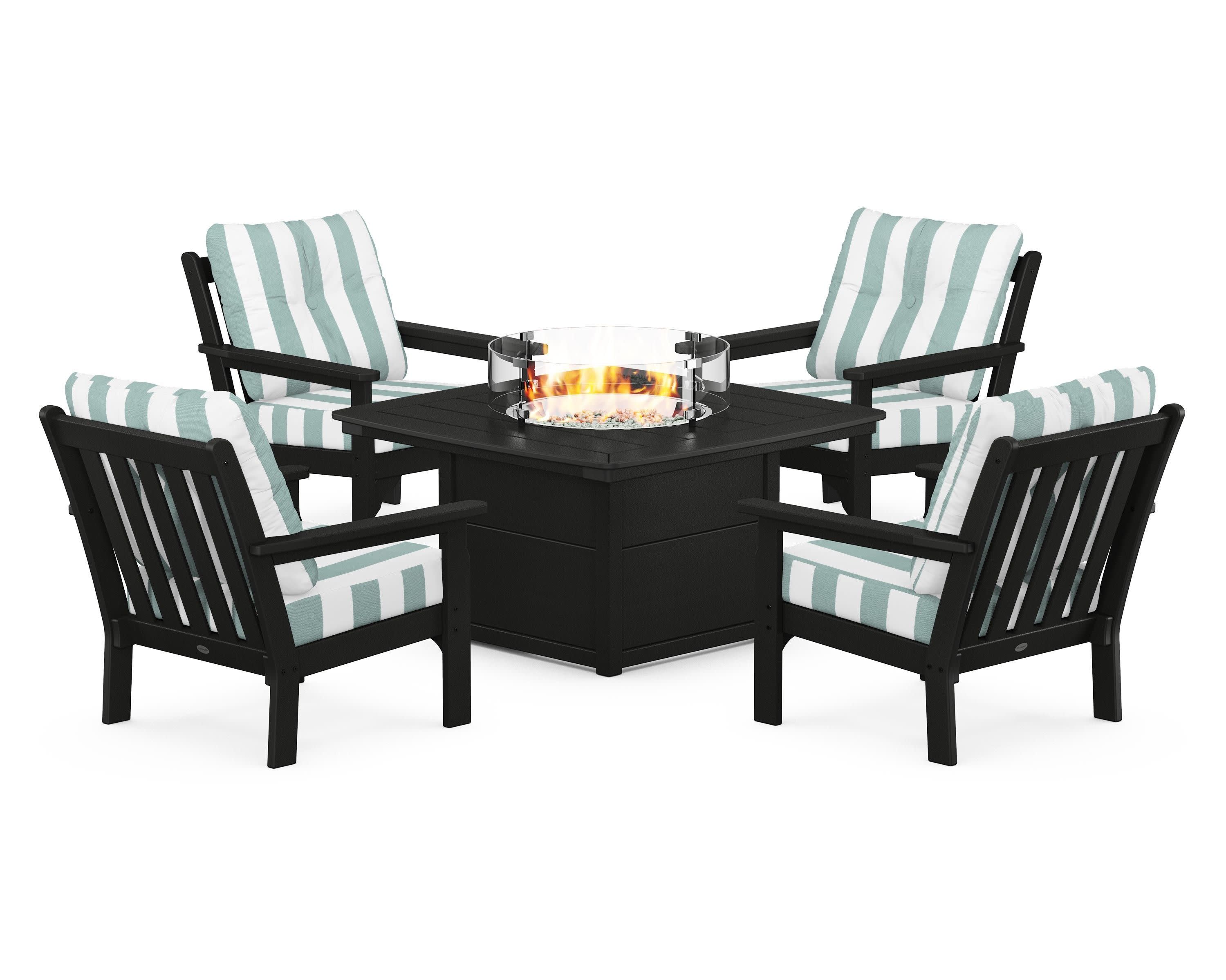 Vineyard 5-Piece Conversation Set with Fire Pit Table in Black / Cabana Stripe Glacier Spa