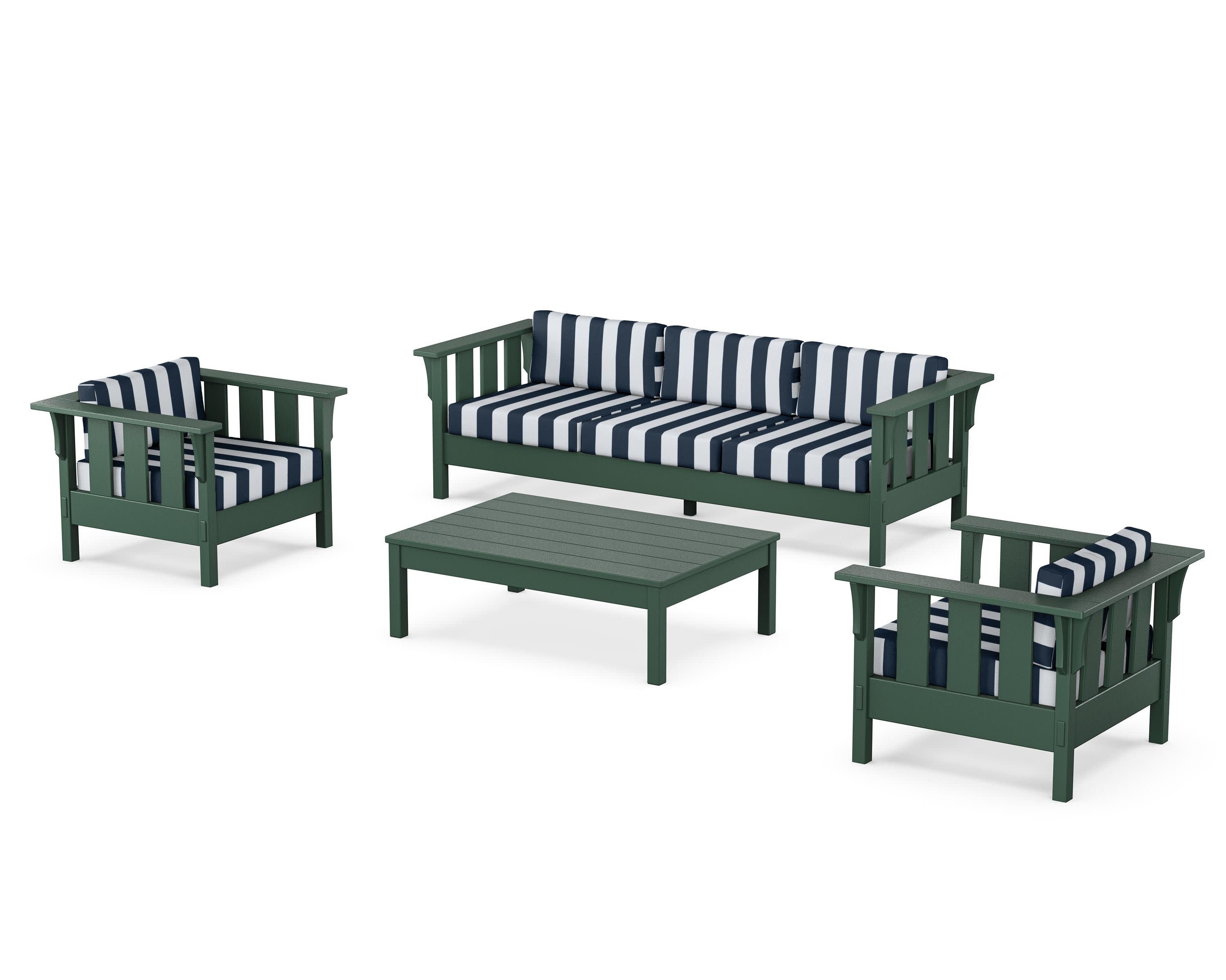 Acadia 4-Piece Deep Seating Set with Sofa in Green / Cabana Stripe Marine Indigo