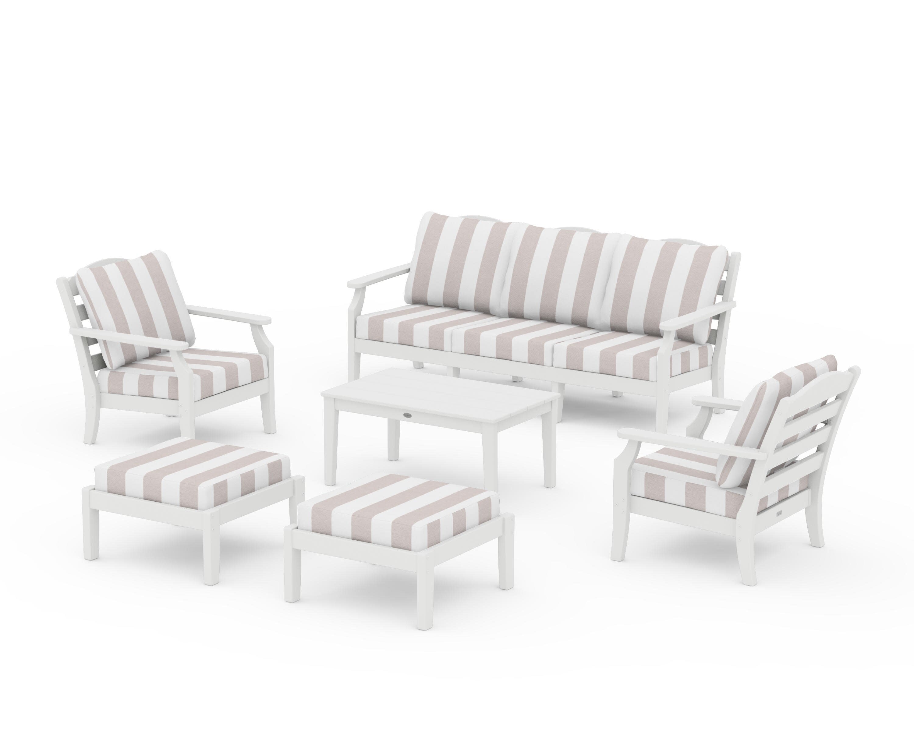 Savannah 6-Piece Lounge Sofa Set in Vintage White / Cabana Stripe Dune Burlap