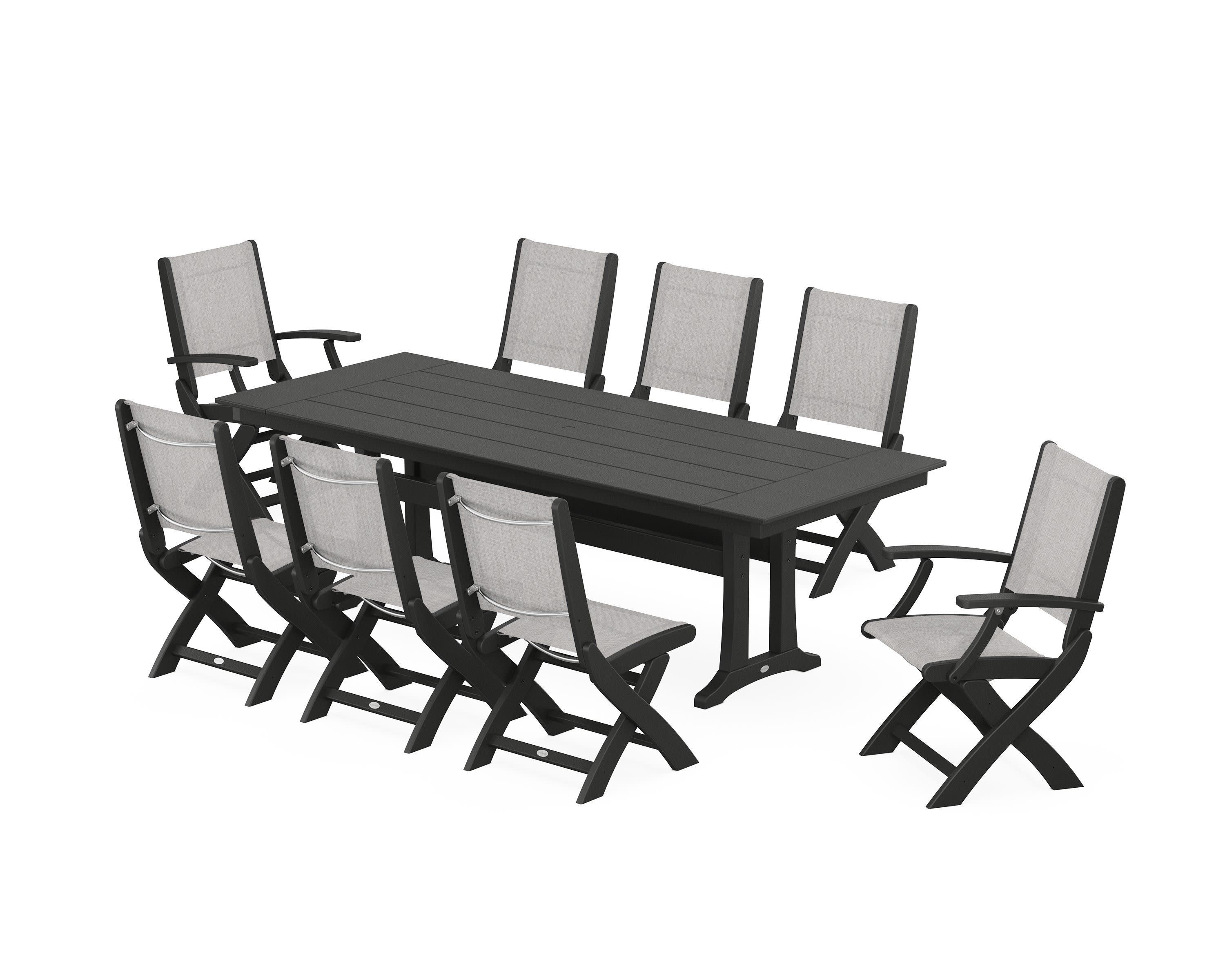 Coastal 9-Piece Folding Dining Chair Farmhouse Dining Set with Trestle Legs in Black / Parchment Sling