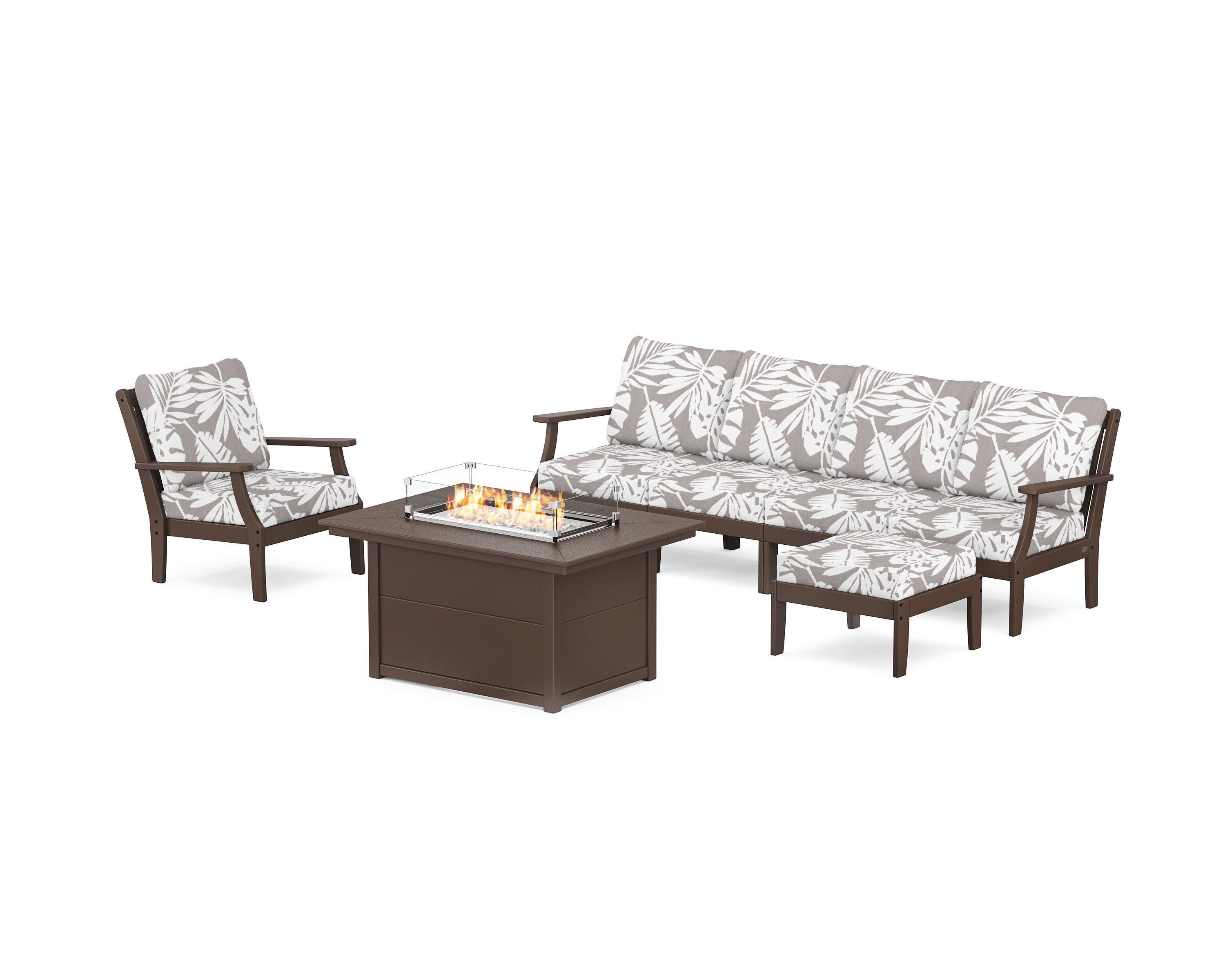 Braxton Sectional Lounge and Fire Pit Set in Mahogany / Leaf Grey Mist