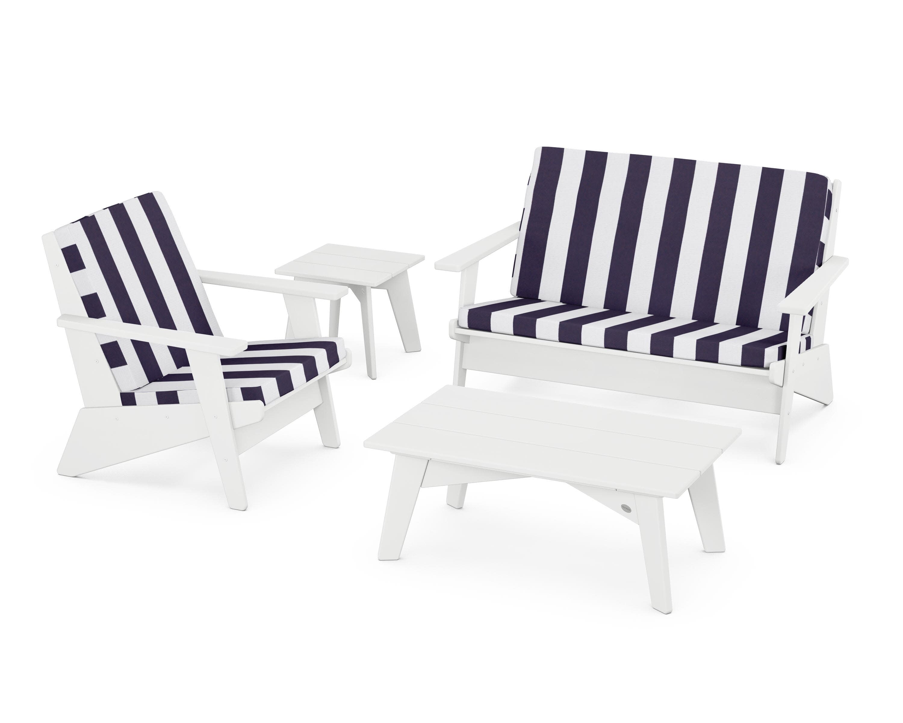 Riviera Modern Lounge 4-Piece Set in White / Cabana Stripe Navy