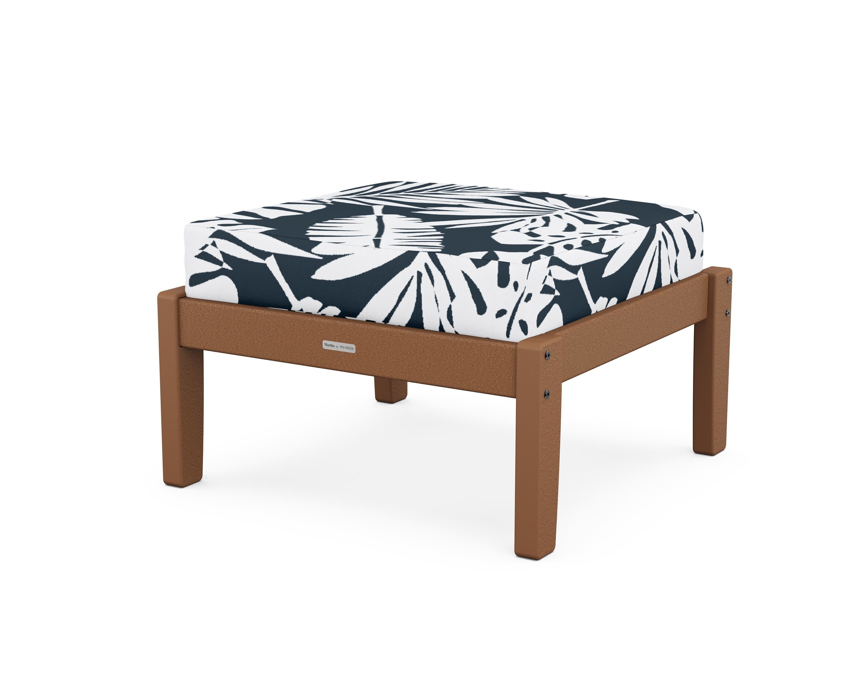 Chinoiserie Deep Seating Ottoman in Teak / Leaf Marine Indigo