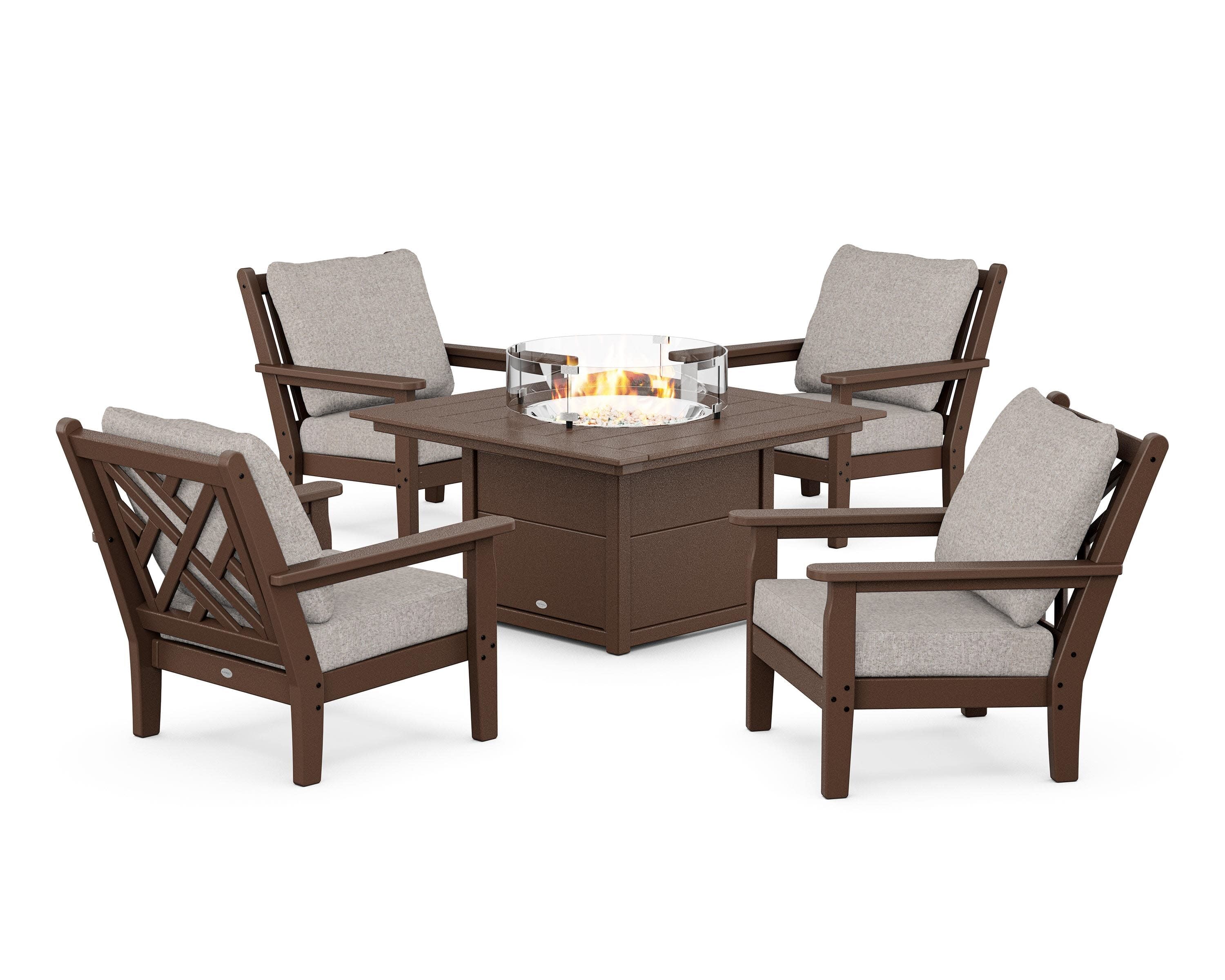 Chippendale 5-Piece Deep Seating Set with Fire Pit Table in Mahogany / Weathered Tweed