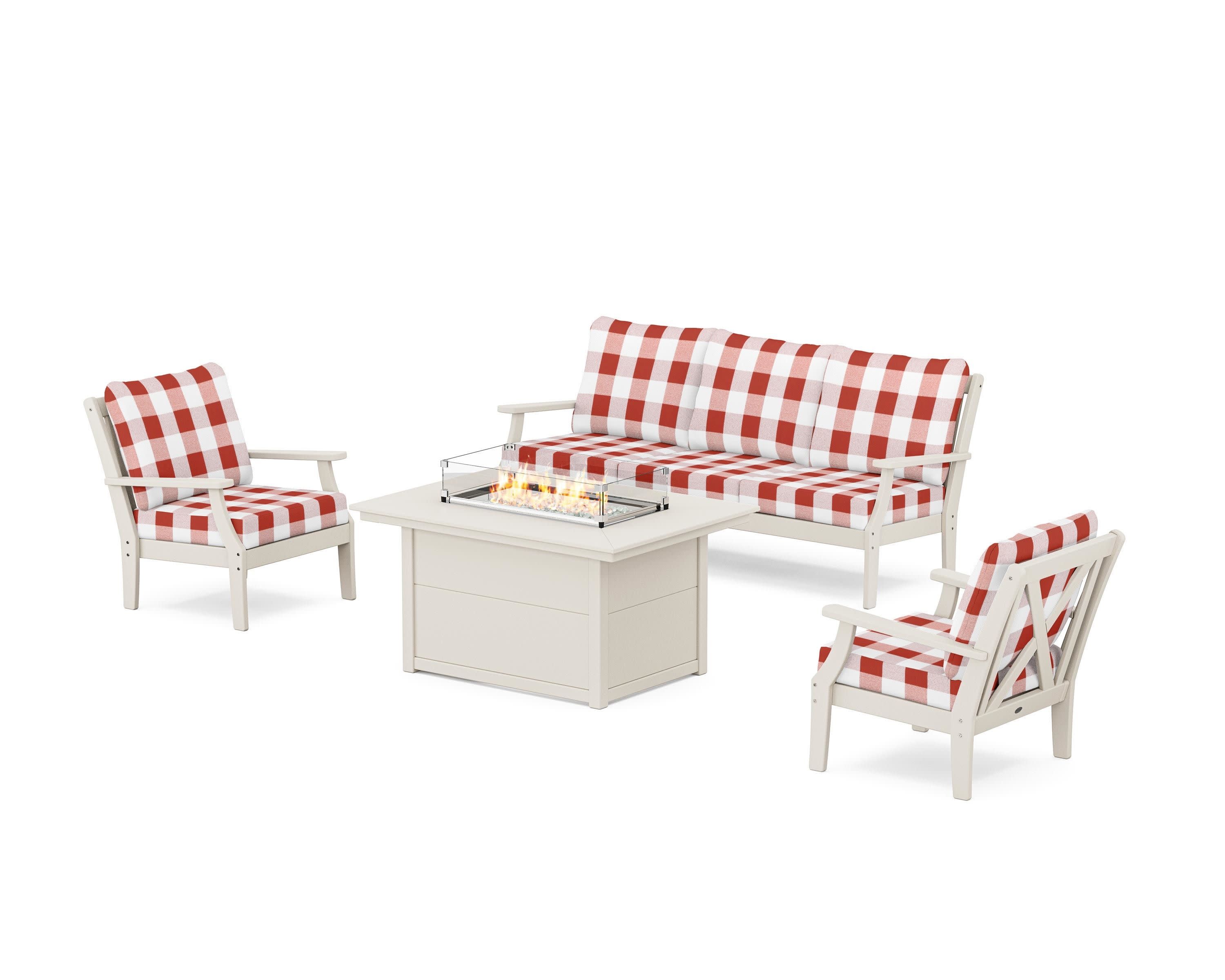 Braxton Deep Seating Fire Pit Table Set in Sand / Buffalo Plaid Crimson