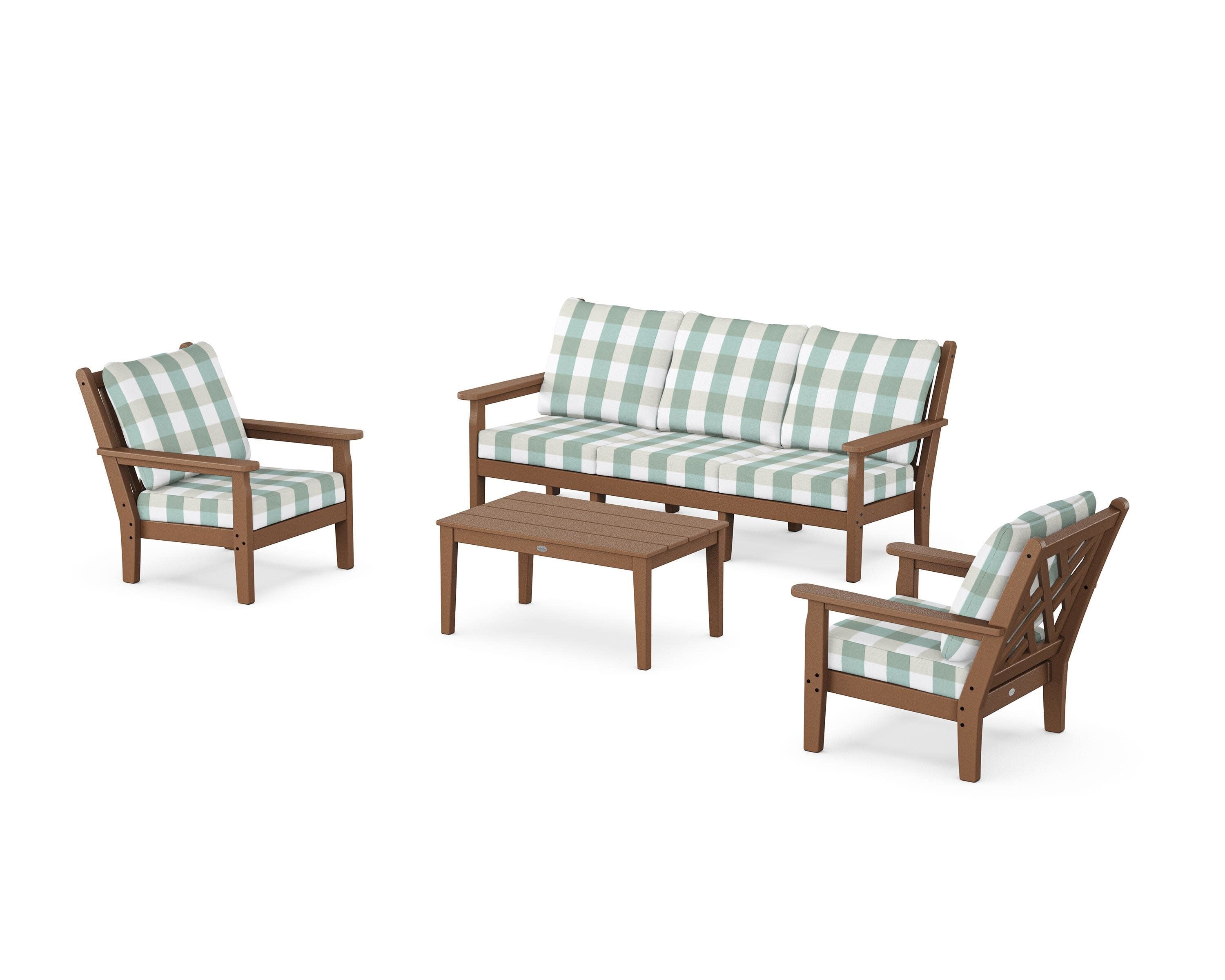 Chippendale 4-Piece Deep Seating Set with Sofa in Teak / Buffalo Plaid Glacier Spa