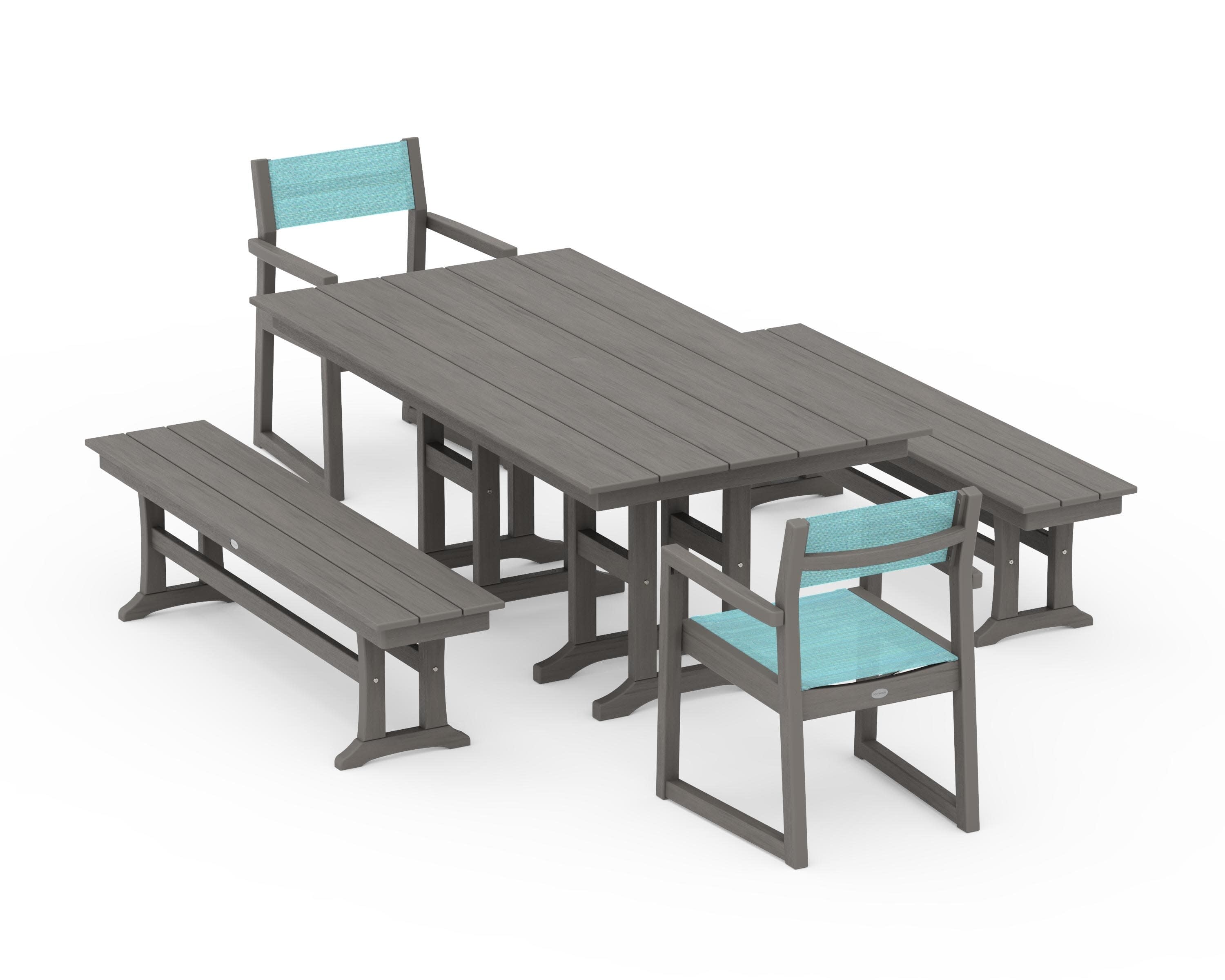 EDGE Sling Arm Chair 5-Piece Farmhouse Dining Set with Benches in Driftwood / Dupioni Aquamarine Sling