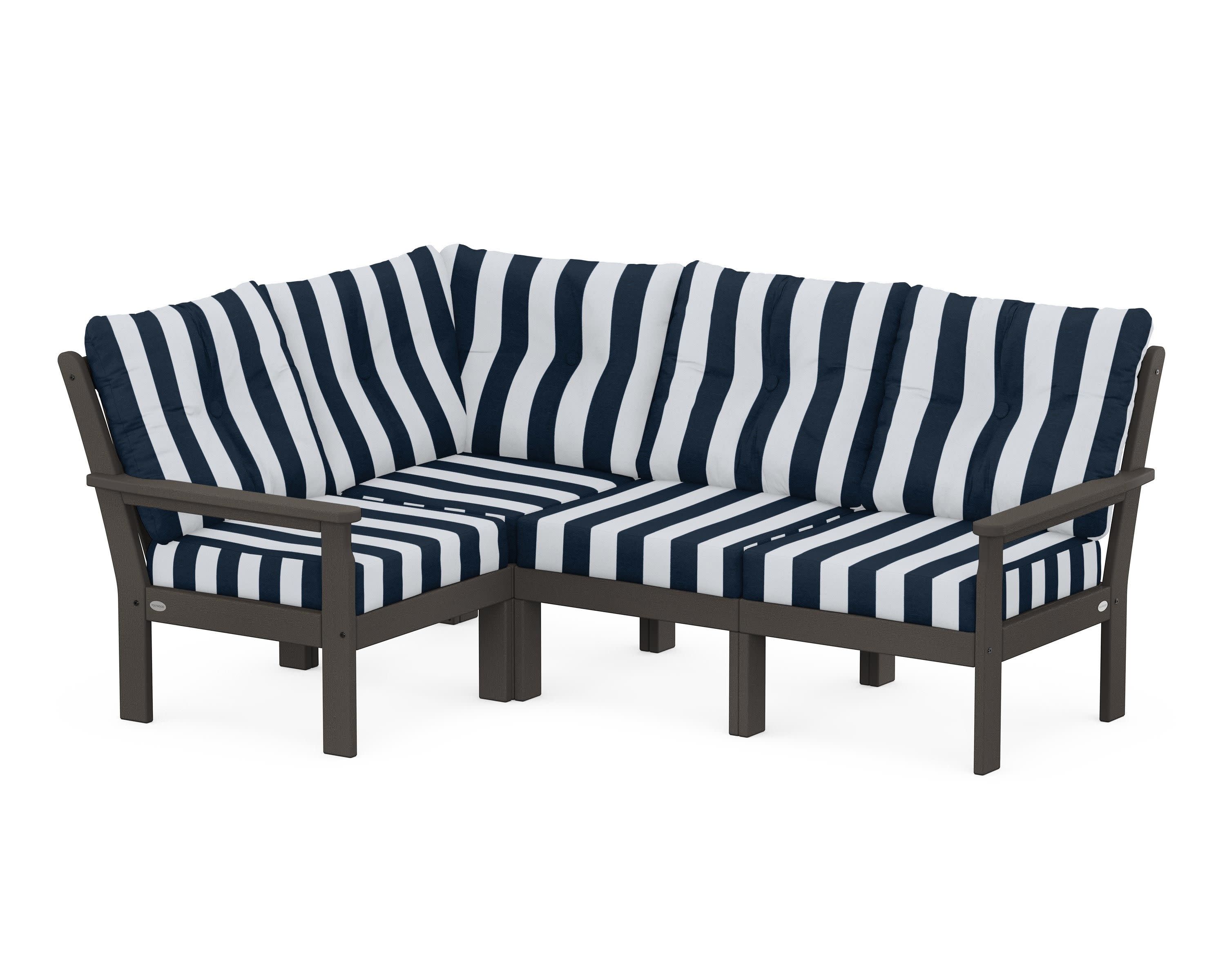 Vineyard 4-Piece Sectional in Vintage Coffee / Cabana Stripe Marine Indigo