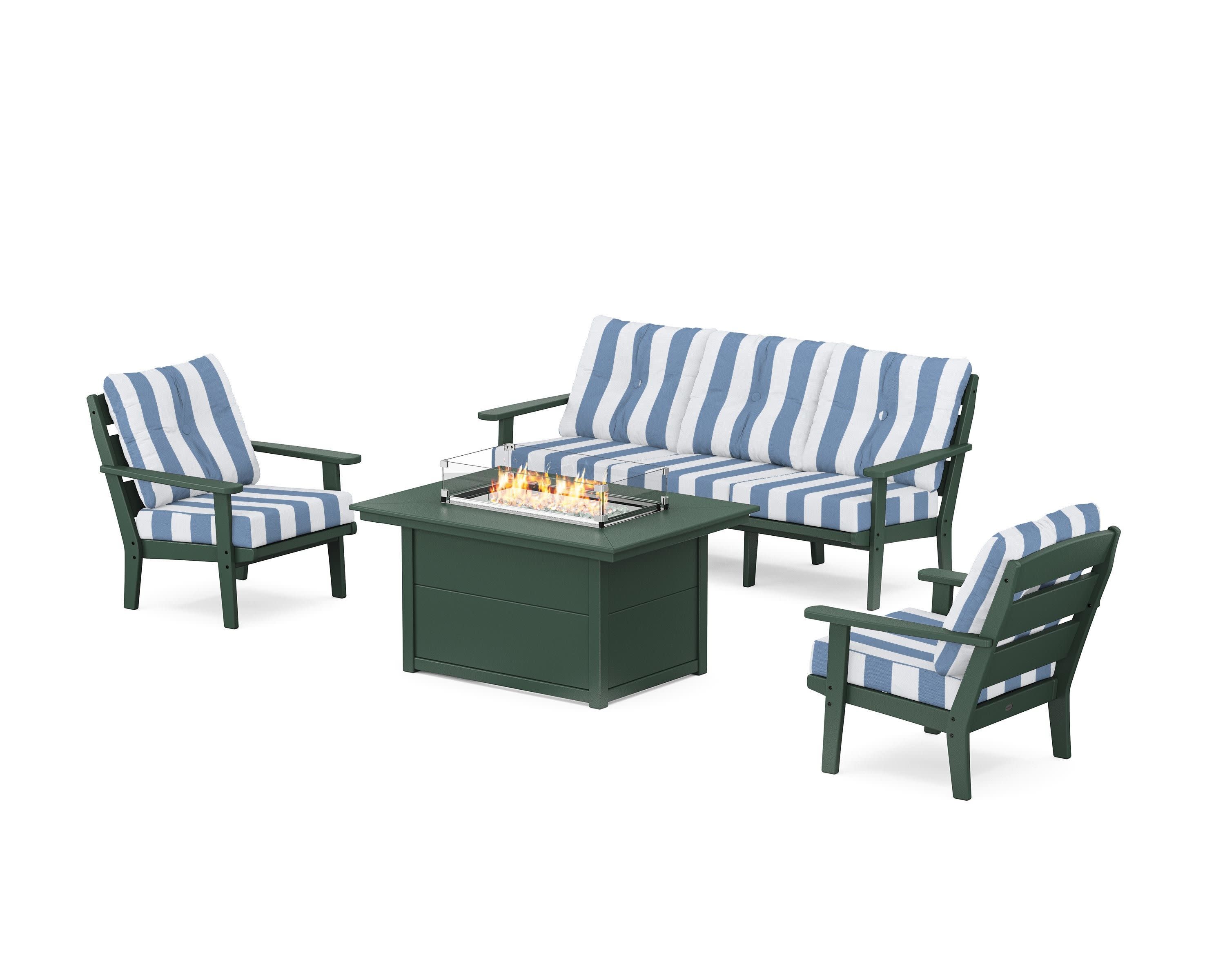 Lakeside Deep Seating Fire Pit Table Set in Green / Cabana Stripe Sky Blue