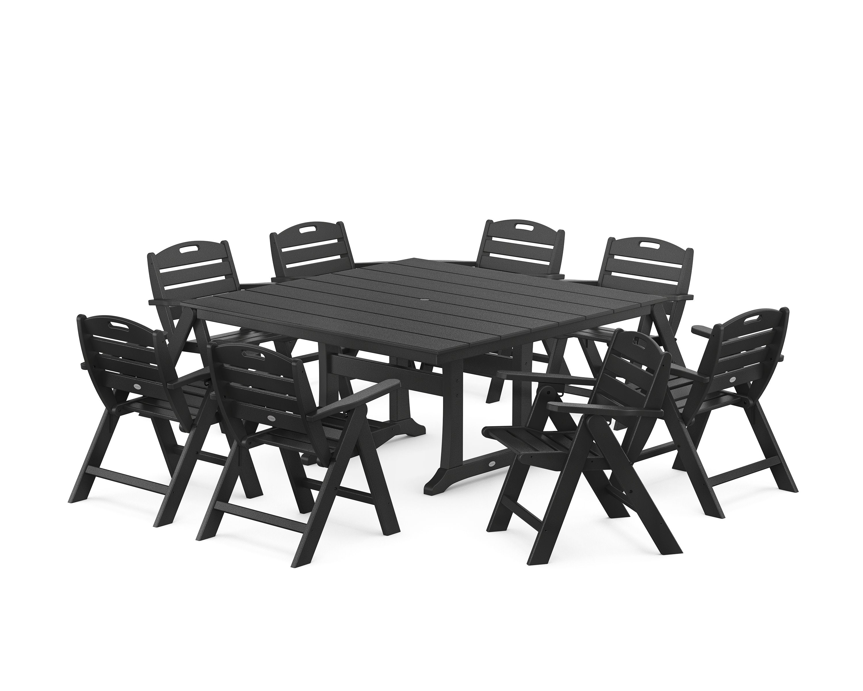 Nautical Lowback 9-Piece Square Farmhouse Dining Set with Trestle Legs in Black