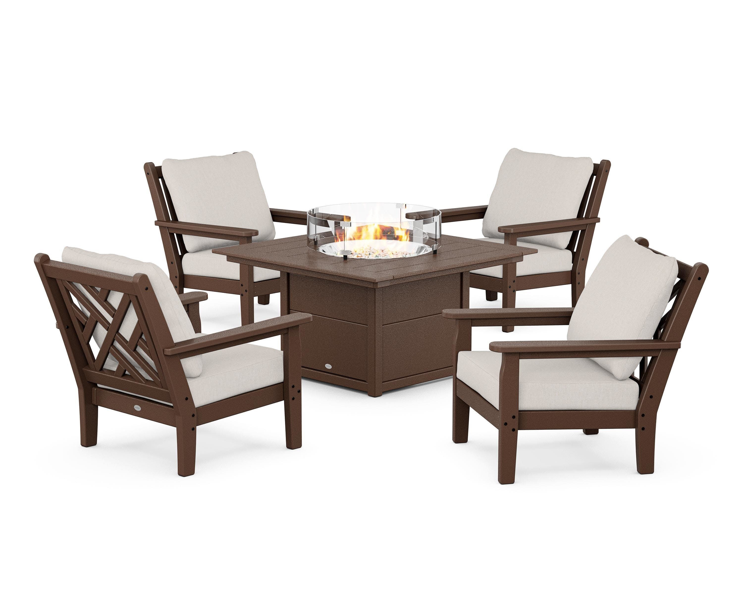 Chippendale 5-Piece Deep Seating Set with Fire Pit Table in Mahogany / Cast Ash