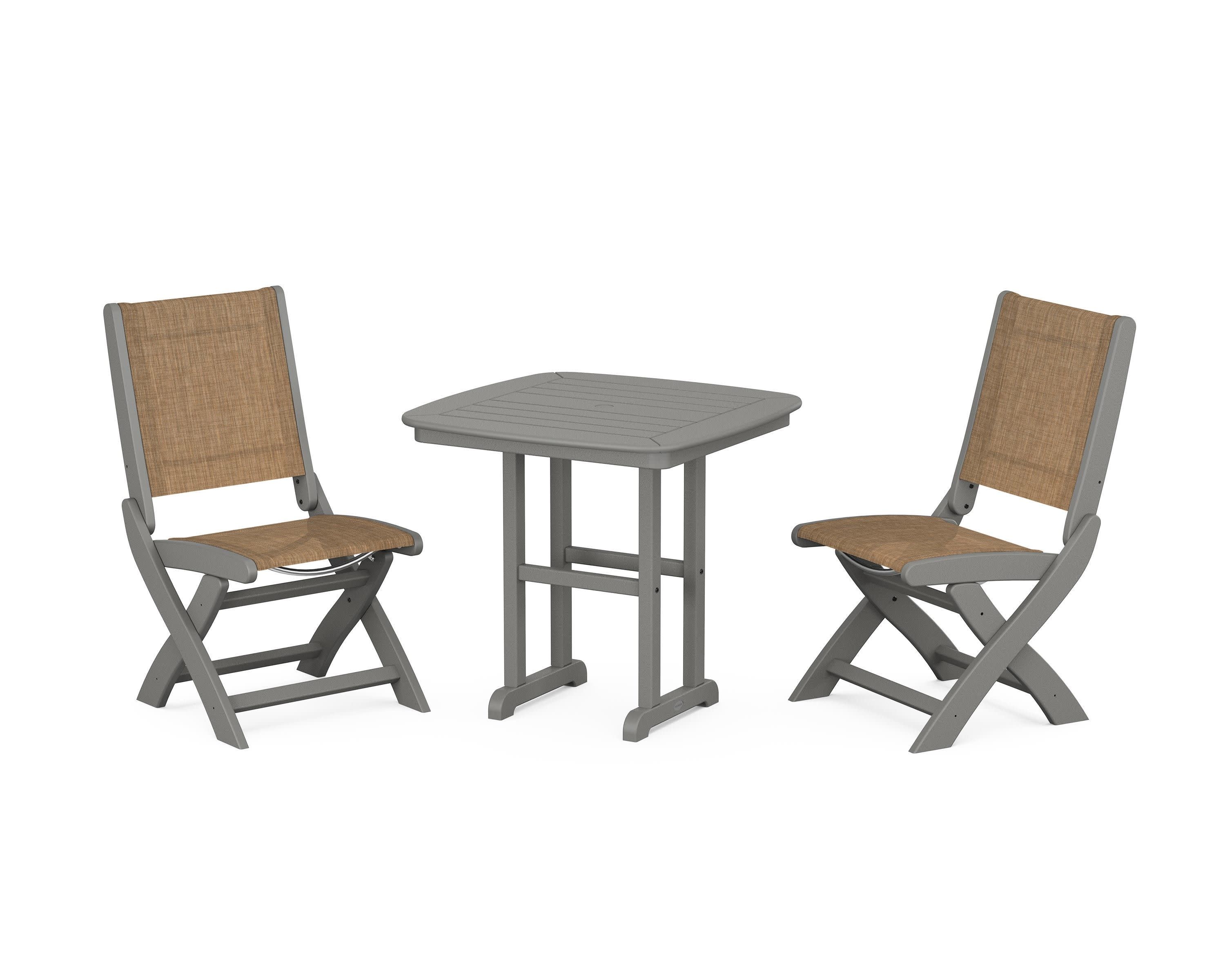 Coastal Folding Side Chair 3-Piece Dining Set in Slate Grey / Burlap Sling