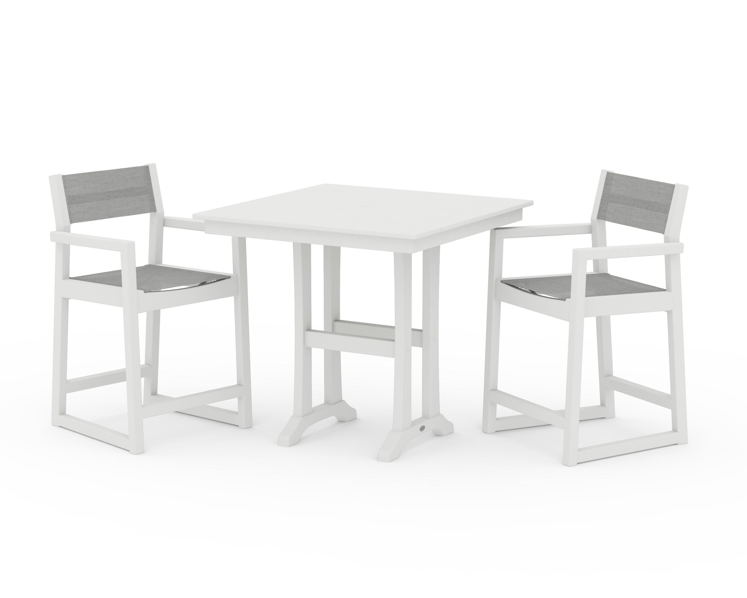 EDGE Sling Arm Chair 3-Piece Farmhouse Counter Set with Trestle Legs in Vintage White / Metallic Sling