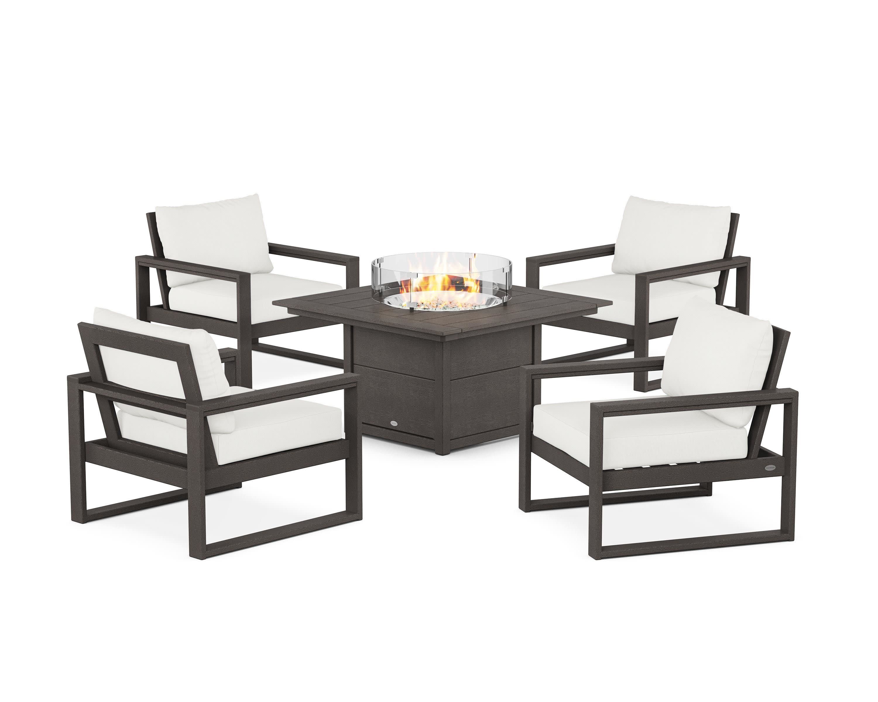 EDGE Sectional 5-Piece Deep Seating Set with Fire Pit Table in Vintage Coffee / Natural Linen