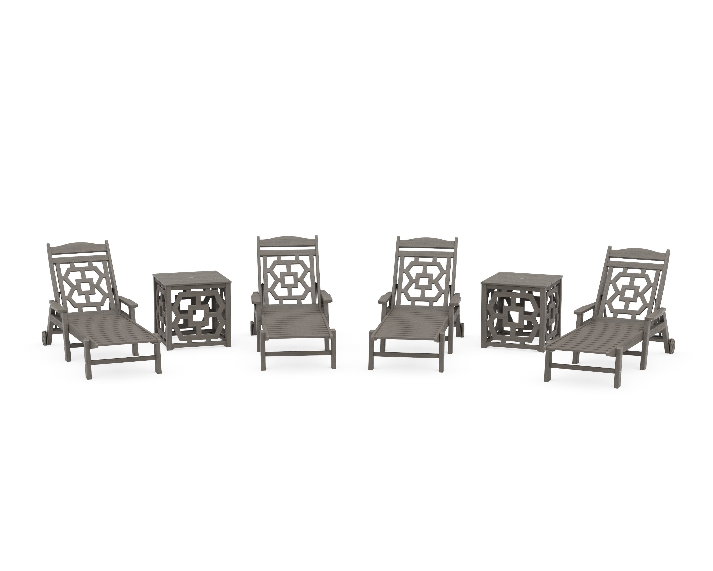 Chinoiserie 6-Piece Chaise Set with Umbrella Stand Accent Table in Driftwood