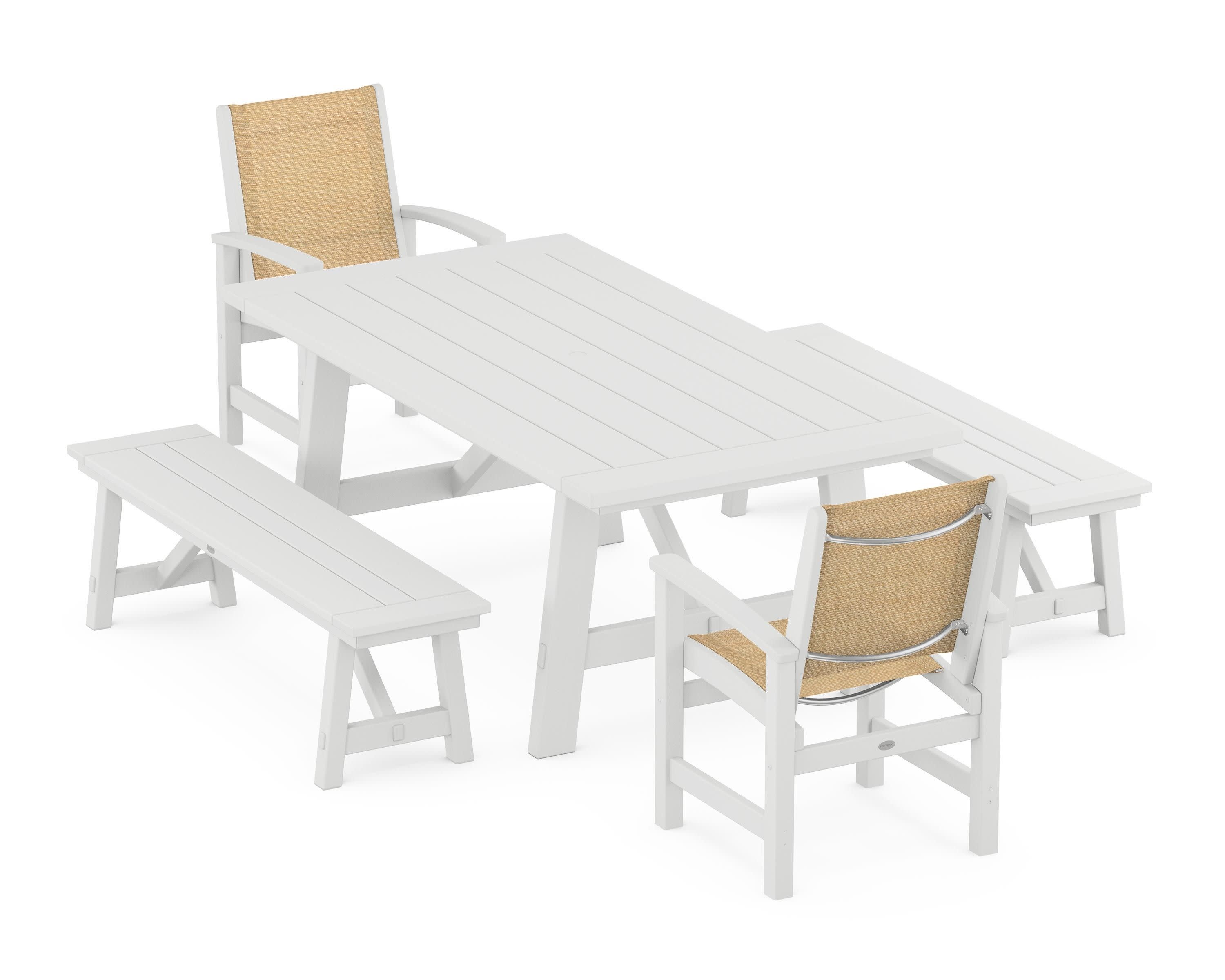 Coastal 5-Piece Rustic Farmhouse Dining Set With Benches in White / Dupioni Apricot Sling