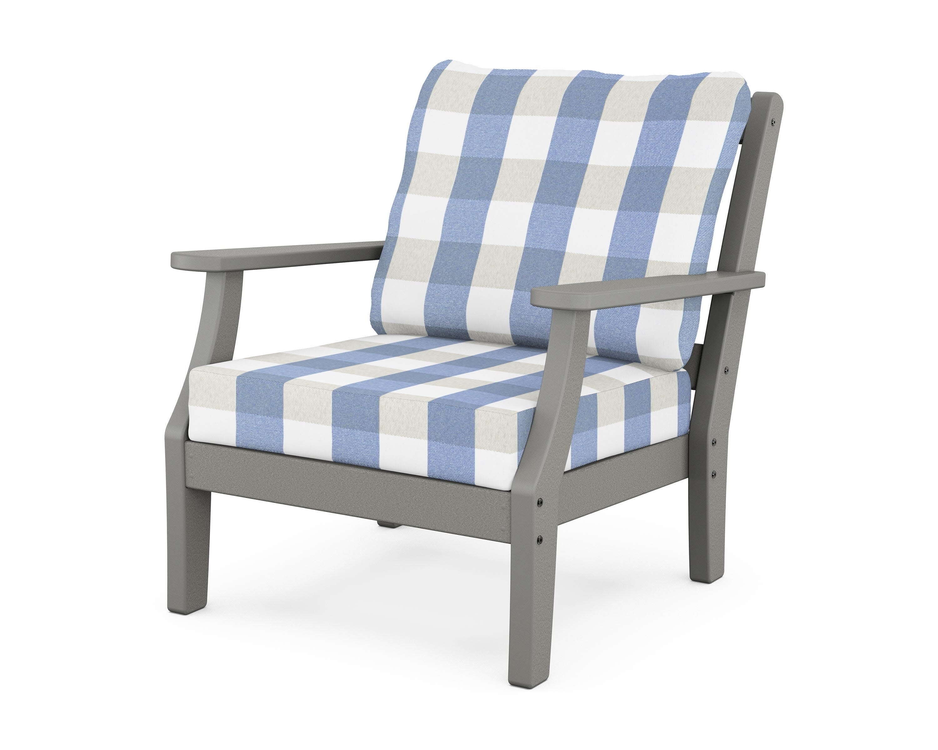 Chinoiserie Deep Seating Chair in Slate Grey / Buffalo Plaid Sky Blue
