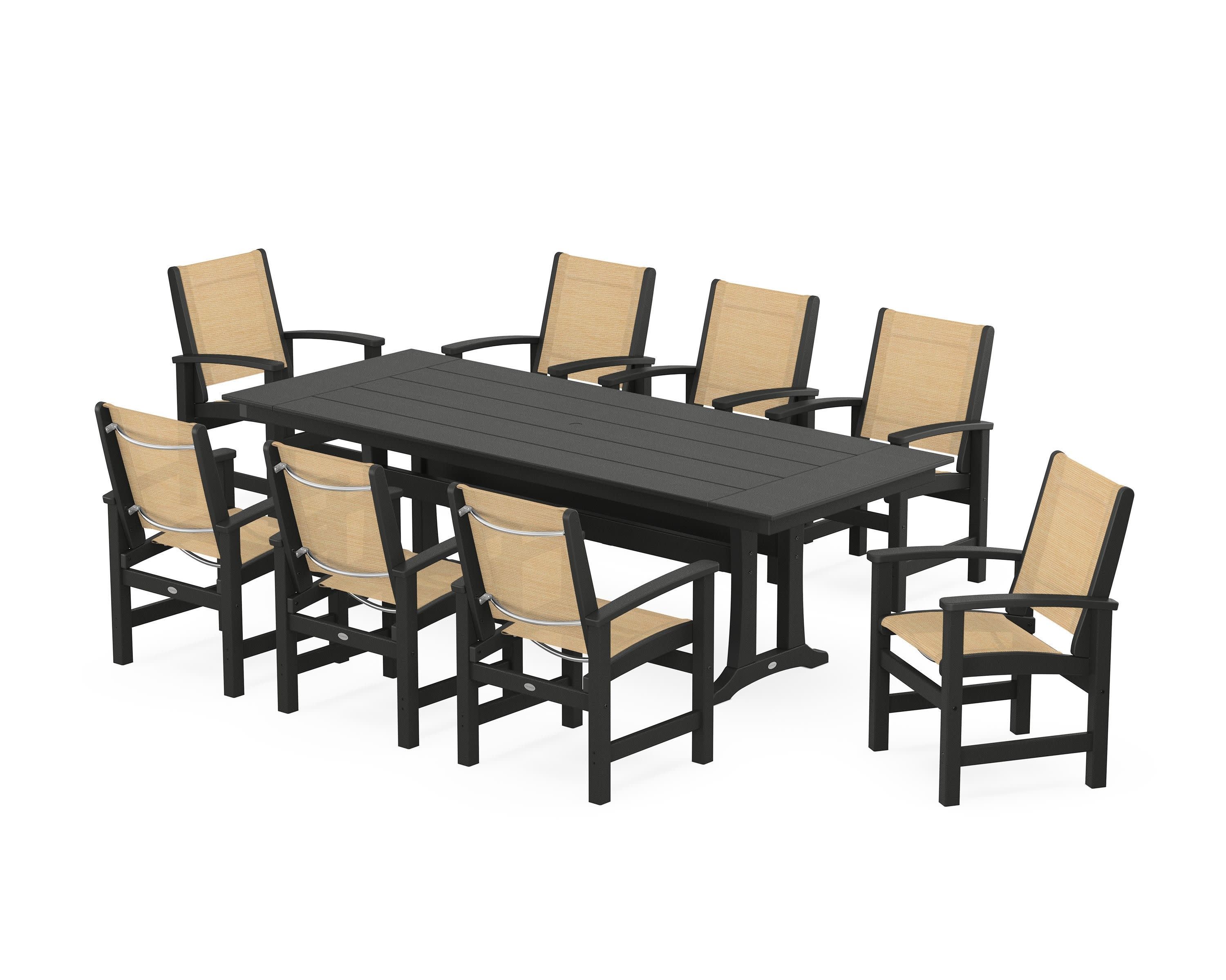Coastal 9-Piece Farmhouse Dining Set with Trestle Legs in Black / Dupioni Apricot Sling