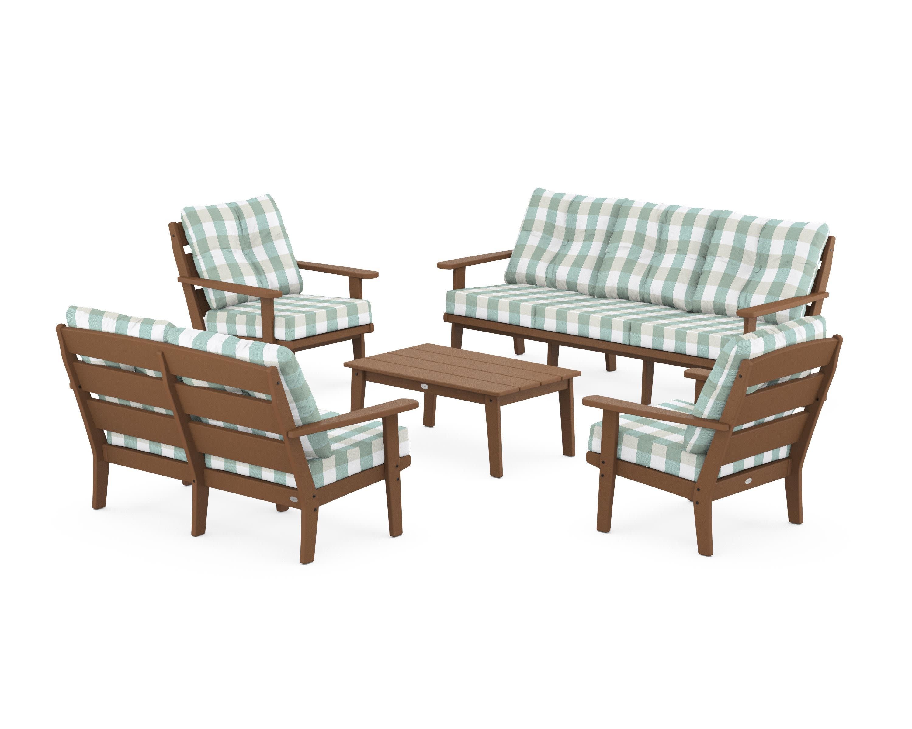 Lakeside 5-Piece Lounge Sofa Set in Teak / Buffalo Plaid Glacier Spa