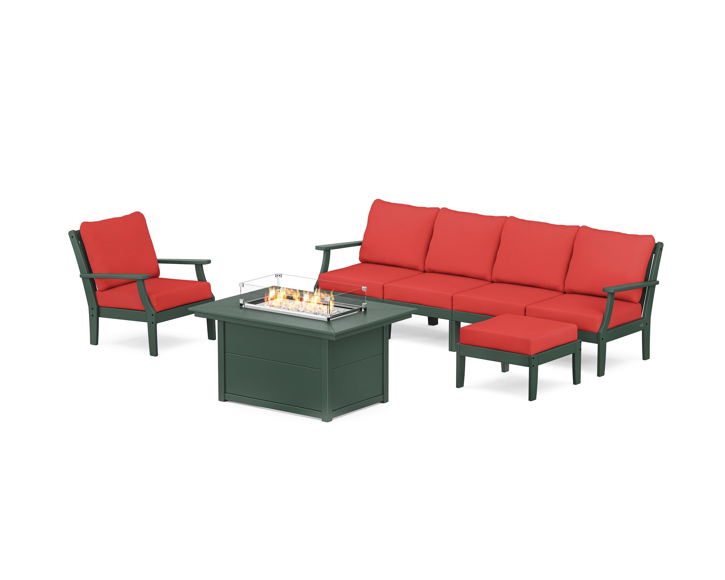 Braxton Sectional Lounge and Fire Pit Set in Green / Crimson Linen