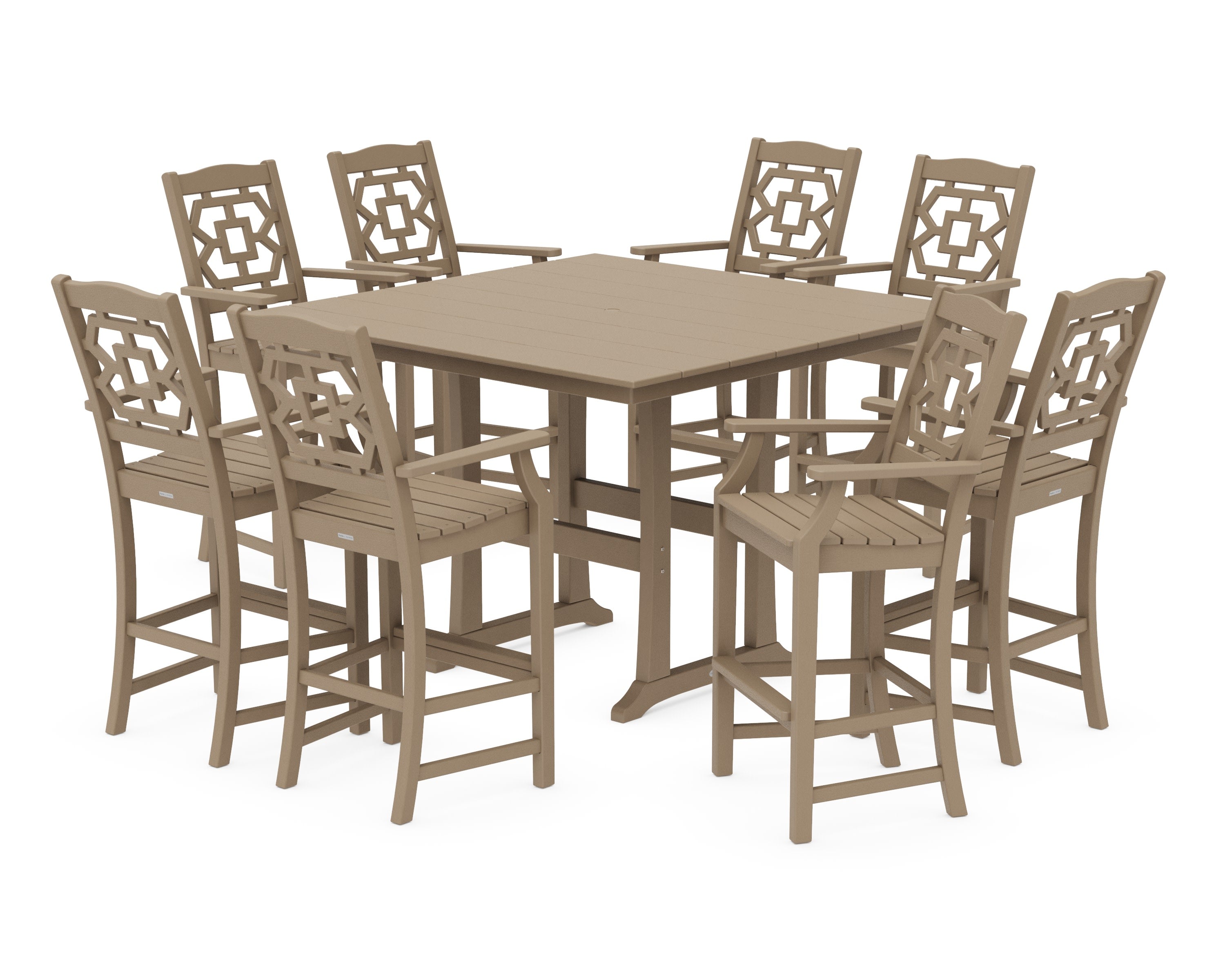 Chinoiserie 9-Piece Square Farmhouse Side Chair Bar Set with Trestle Legs in Vintage Sahara