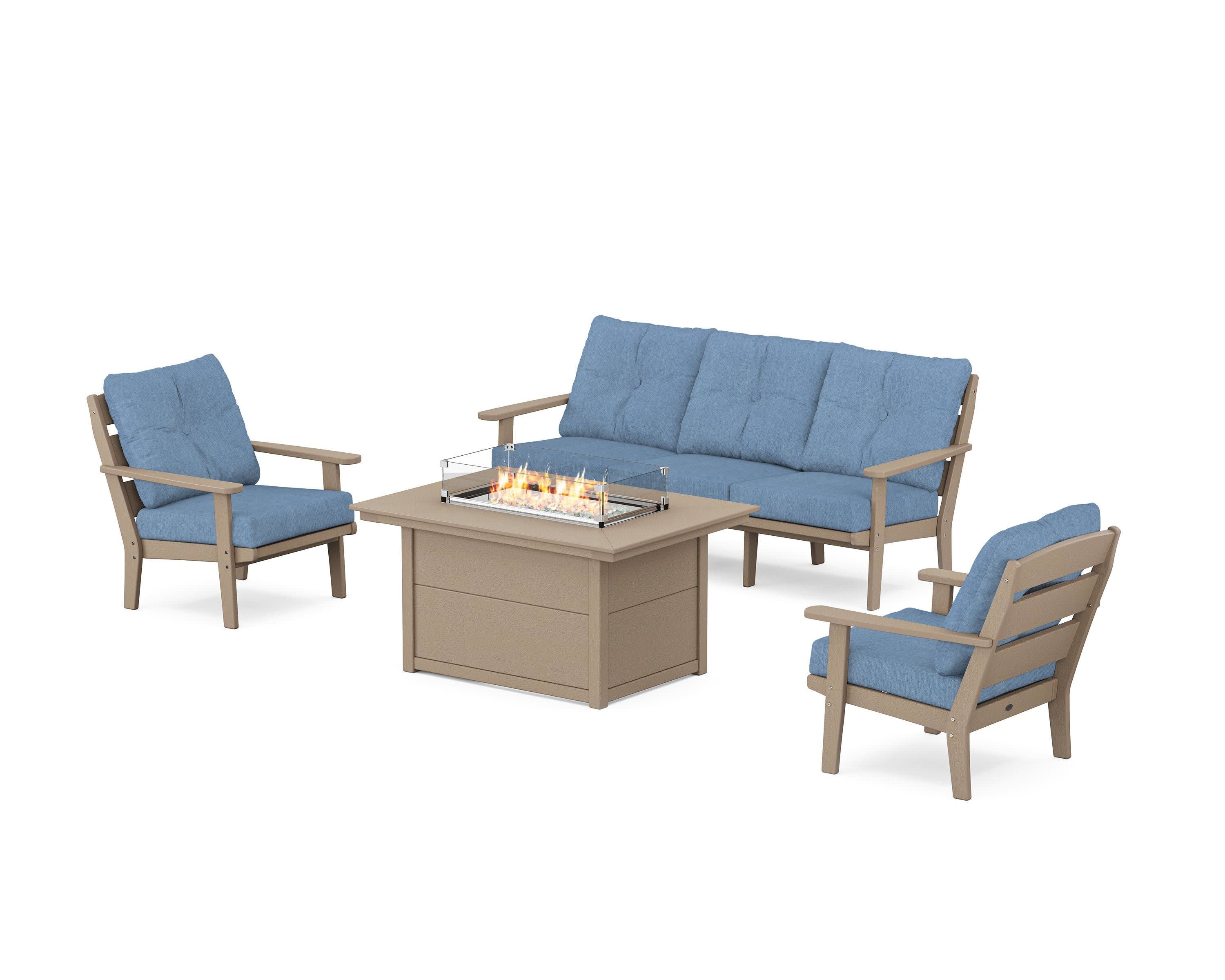 Lakeside Deep Seating Fire Pit Table Set in Vintage Sahara / Sky Blue