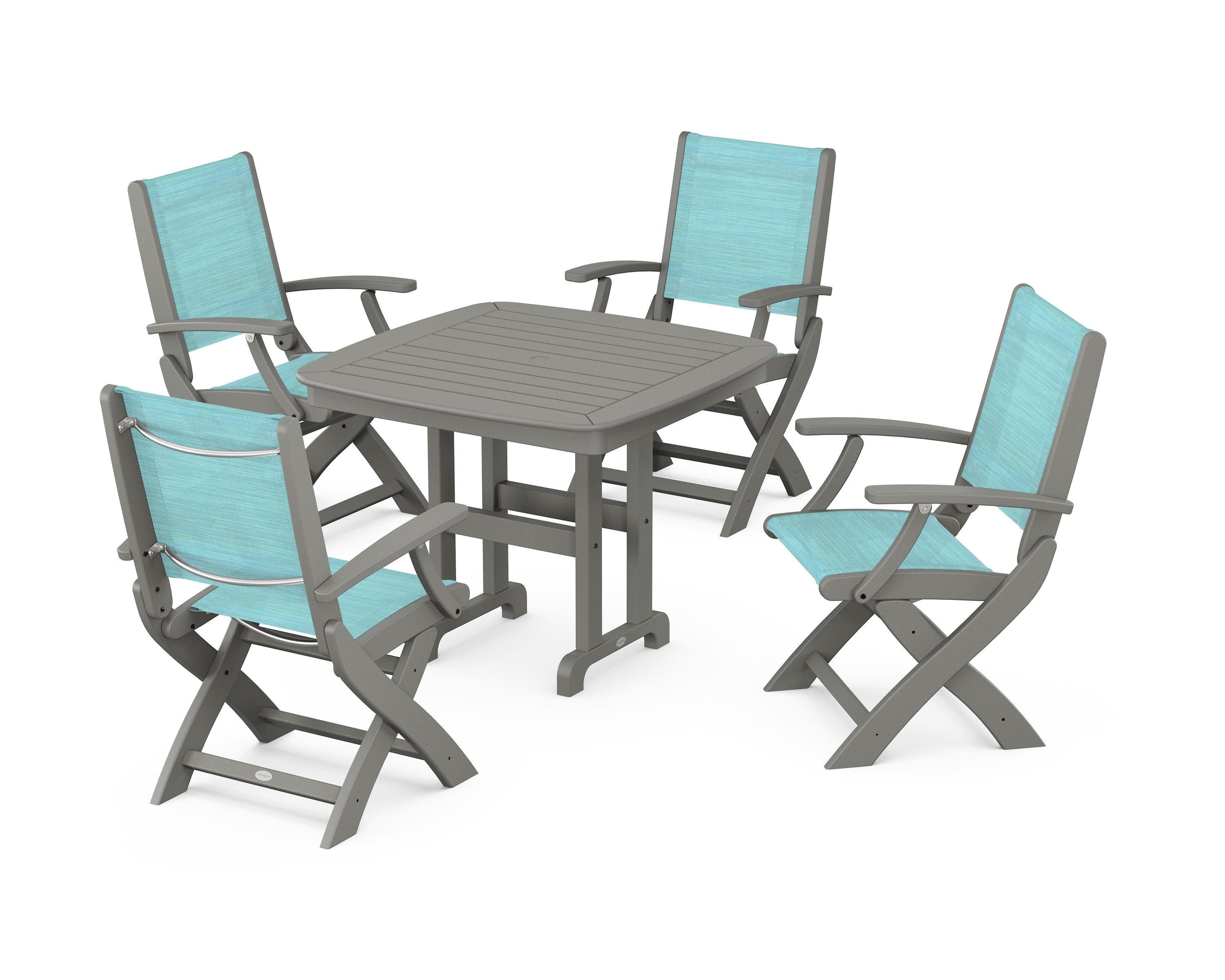 Coastal Folding Chair 5-Piece Dining Set in Slate Grey / Dupioni Aquamarine Sling