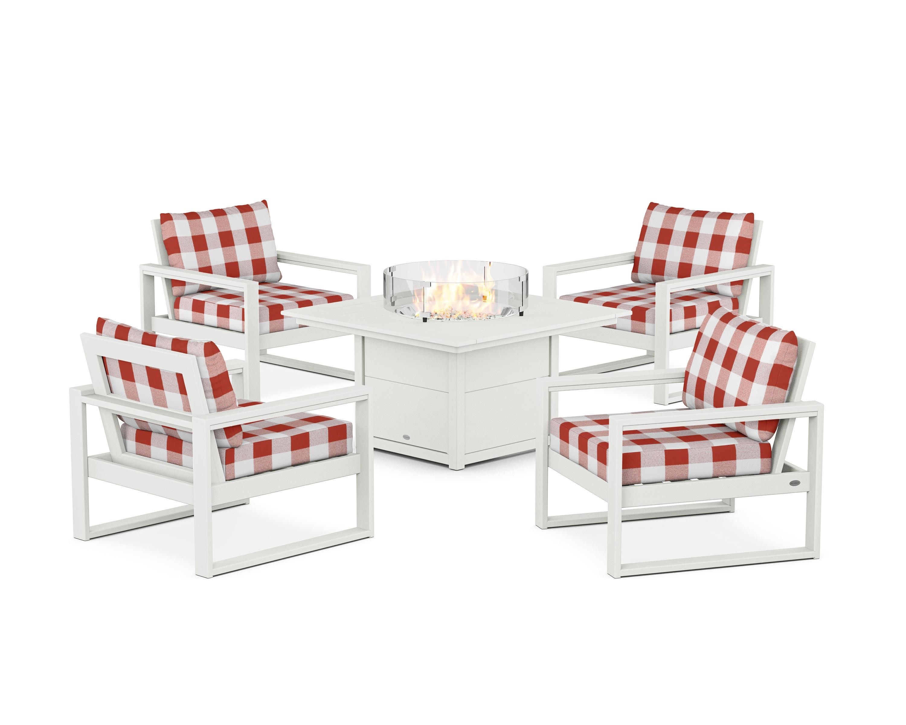 EDGE Sectional 5-Piece Deep Seating Set with Fire Pit Table in Vintage White / Buffalo Plaid Crimson