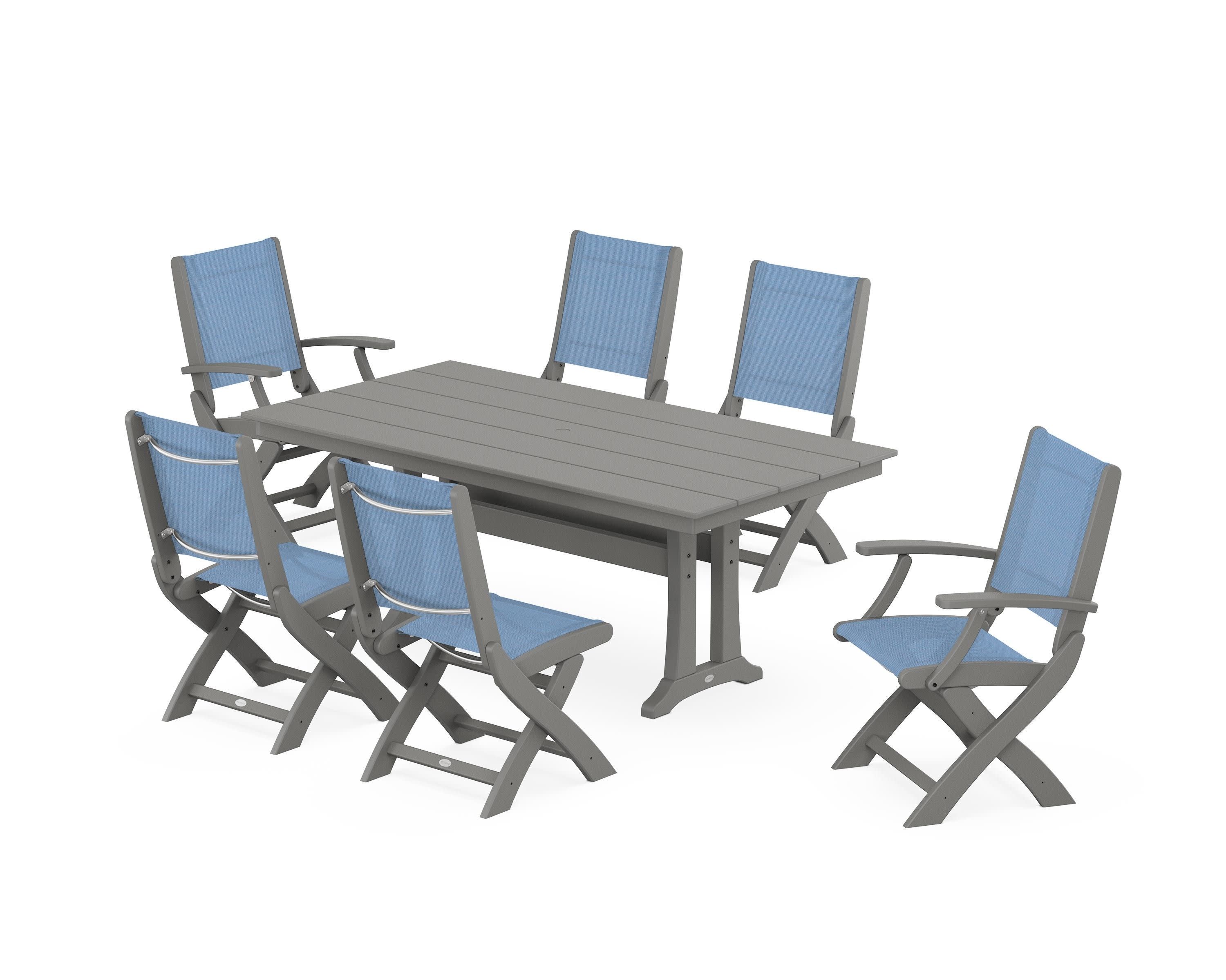 Coastal Folding Chair 7-Piece Farmhouse Dining Set with Trestle Legs in Slate Grey / Poolside Sling