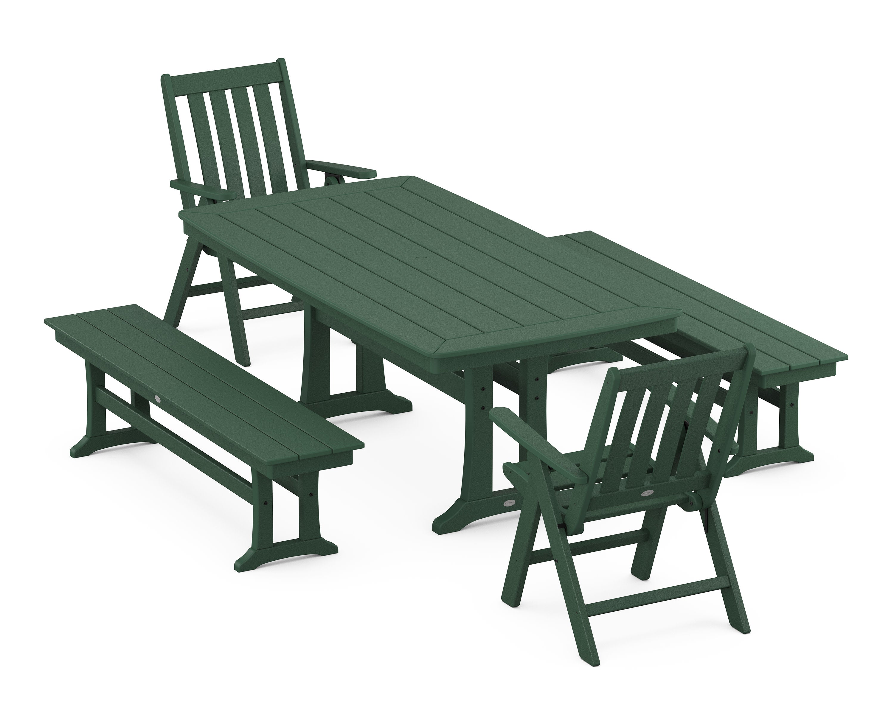 Vineyard Folding Chair 5-Piece Dining Set with Trestle Legs and Benches in Green