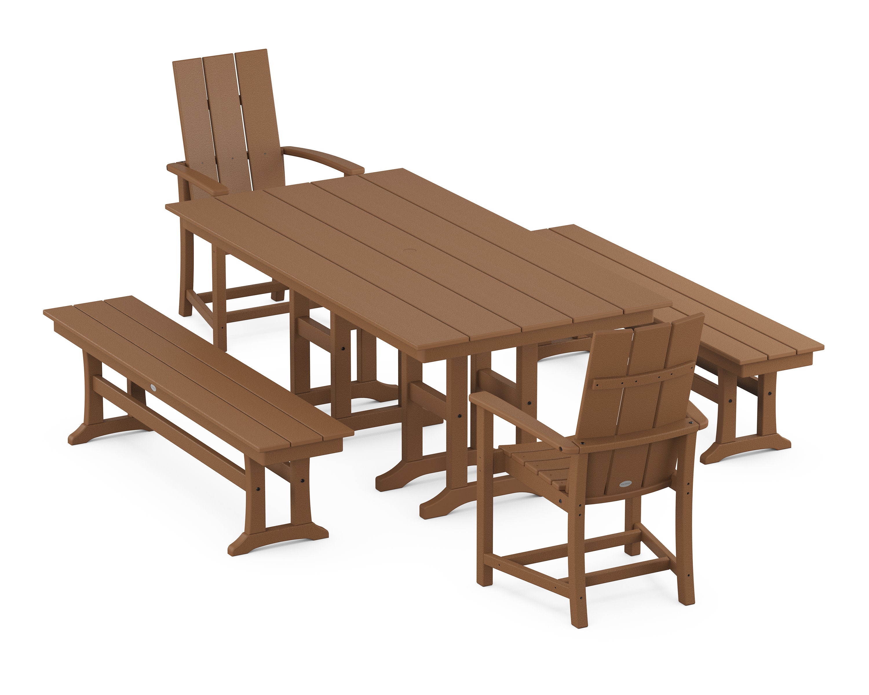 Modern Adirondack 5-Piece Farmhouse Dining Set with Benches in Teak