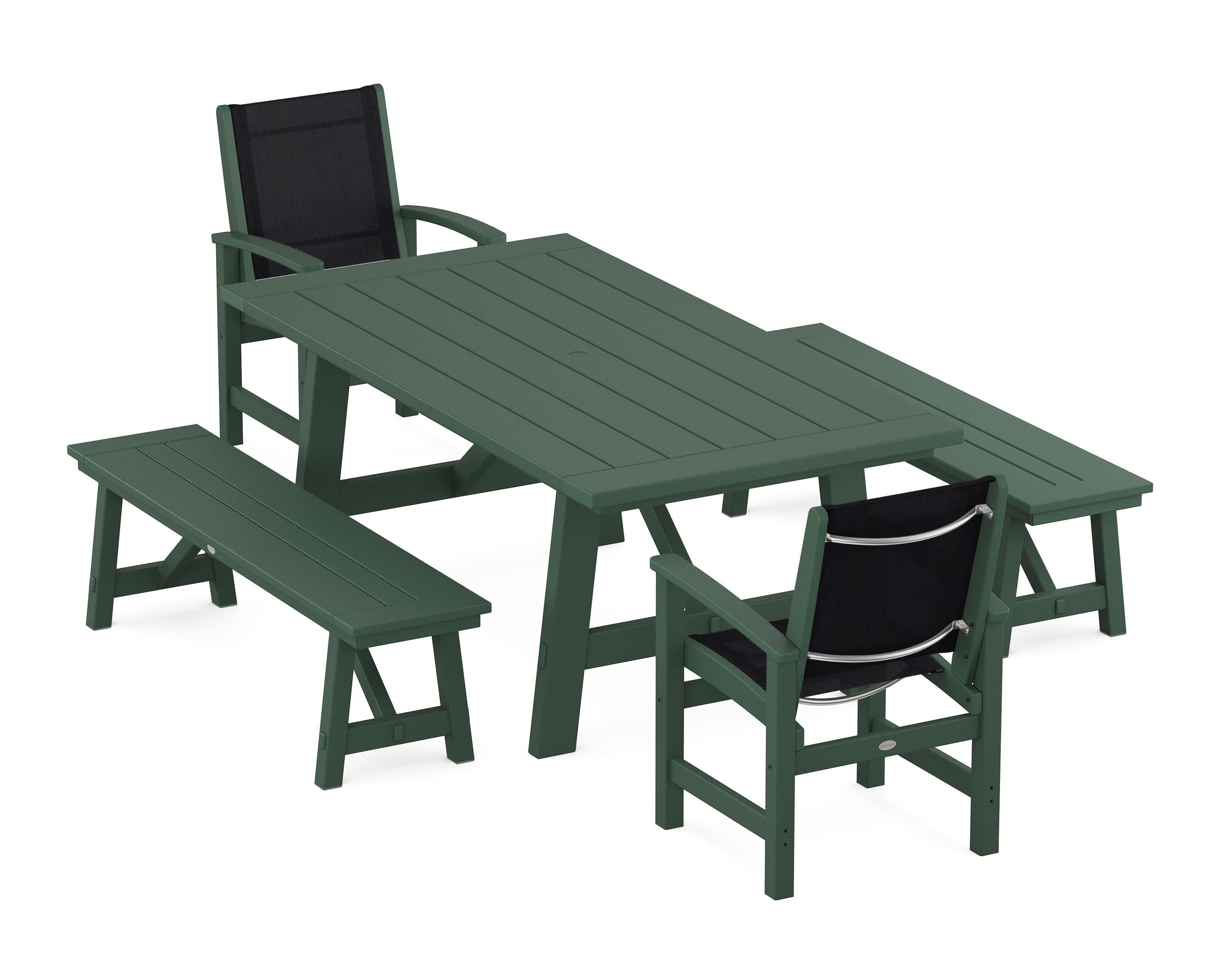 Coastal 5-Piece Rustic Farmhouse Dining Set With Benches in Green / Black Sling