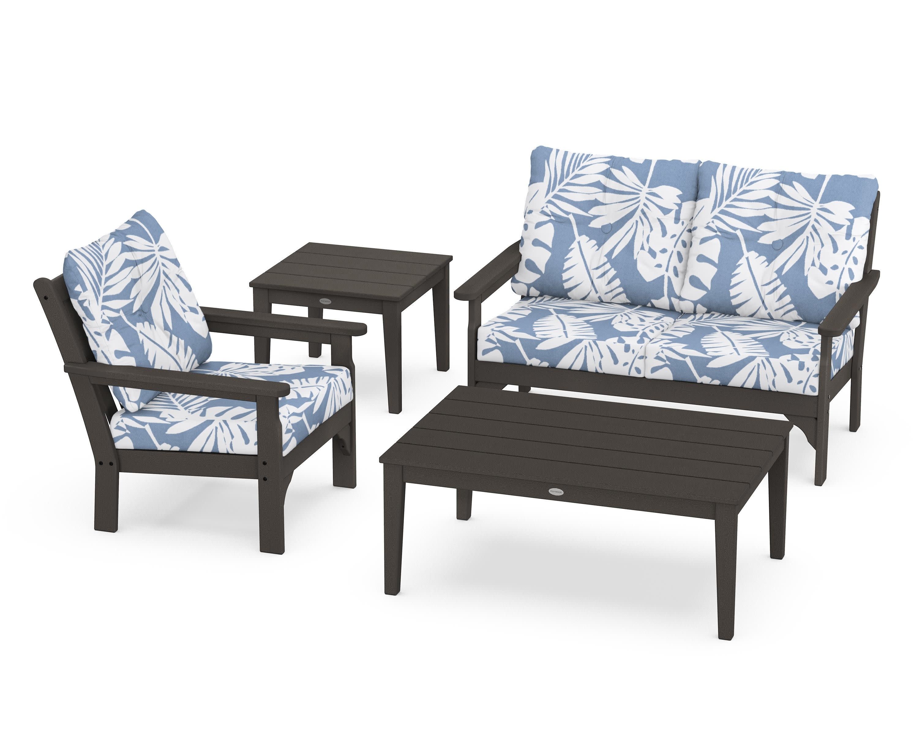 Vineyard 4-Piece Deep Seating Set in Vintage Coffee / Leaf Sky Blue