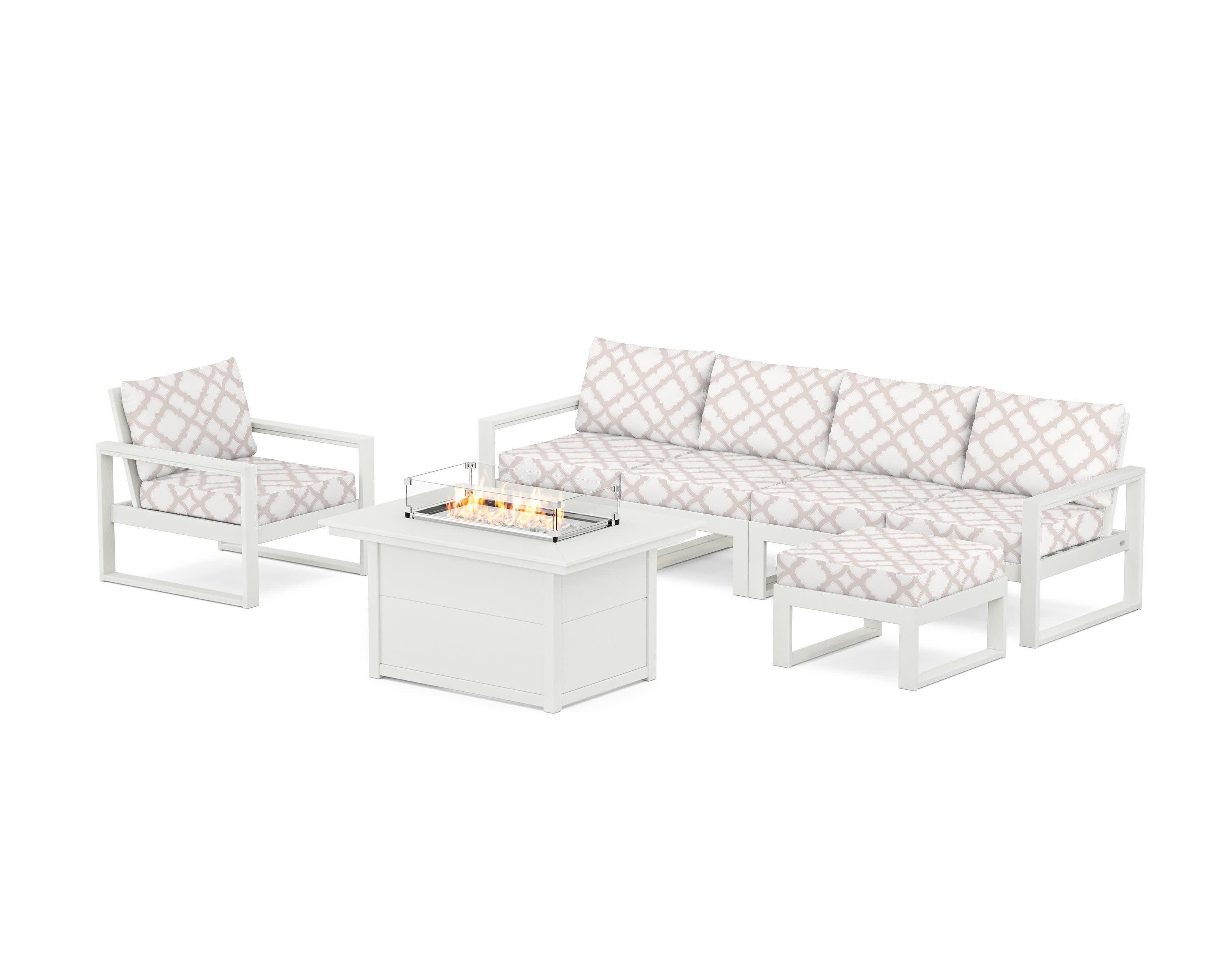 EDGE Sectional Lounge and Fire Pit Set in Vintage White / Trellis Dune Burlap