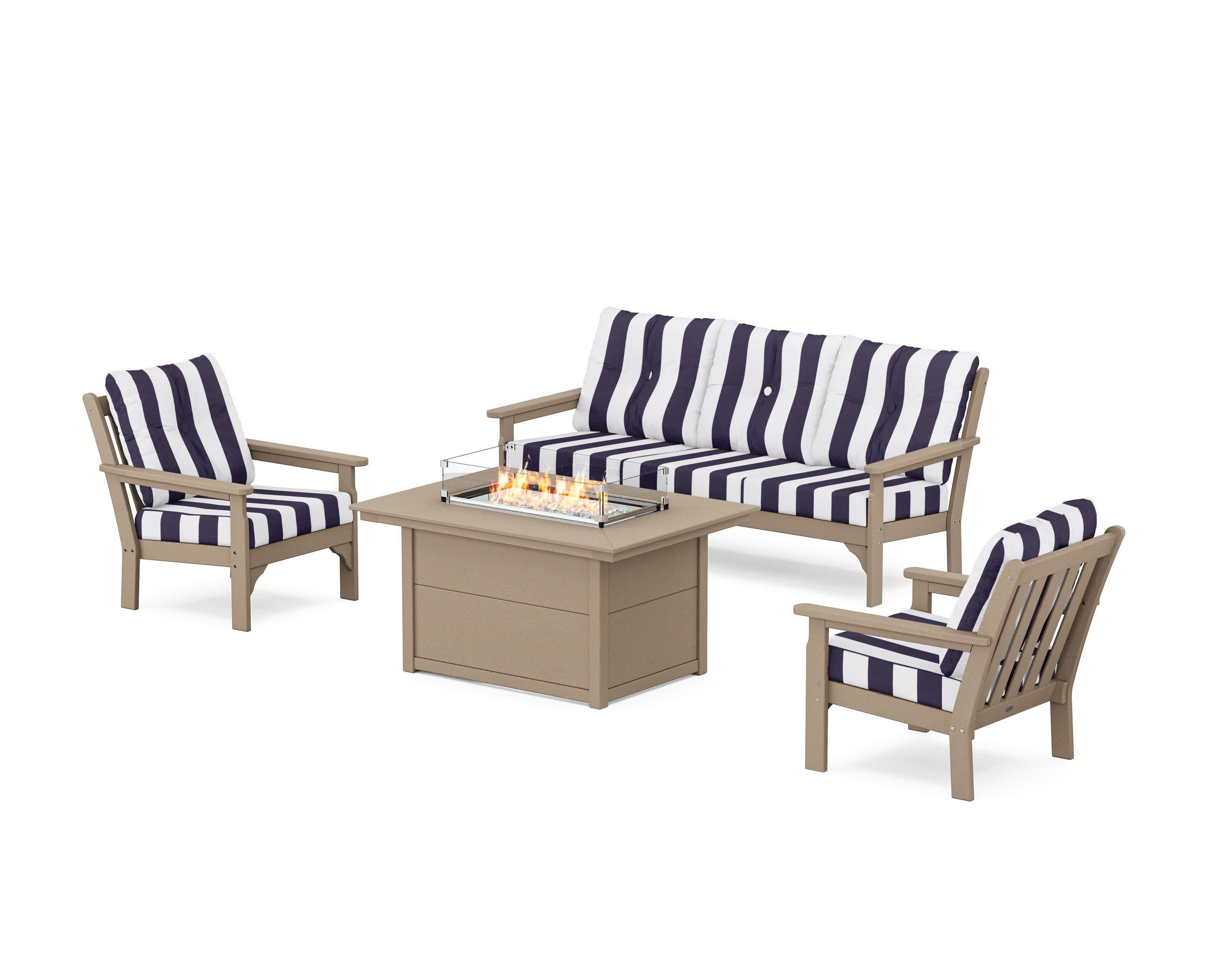 Vineyard Deep Seating Fire Pit Table Set in Vintage Sahara / Cabana Stripe Navy